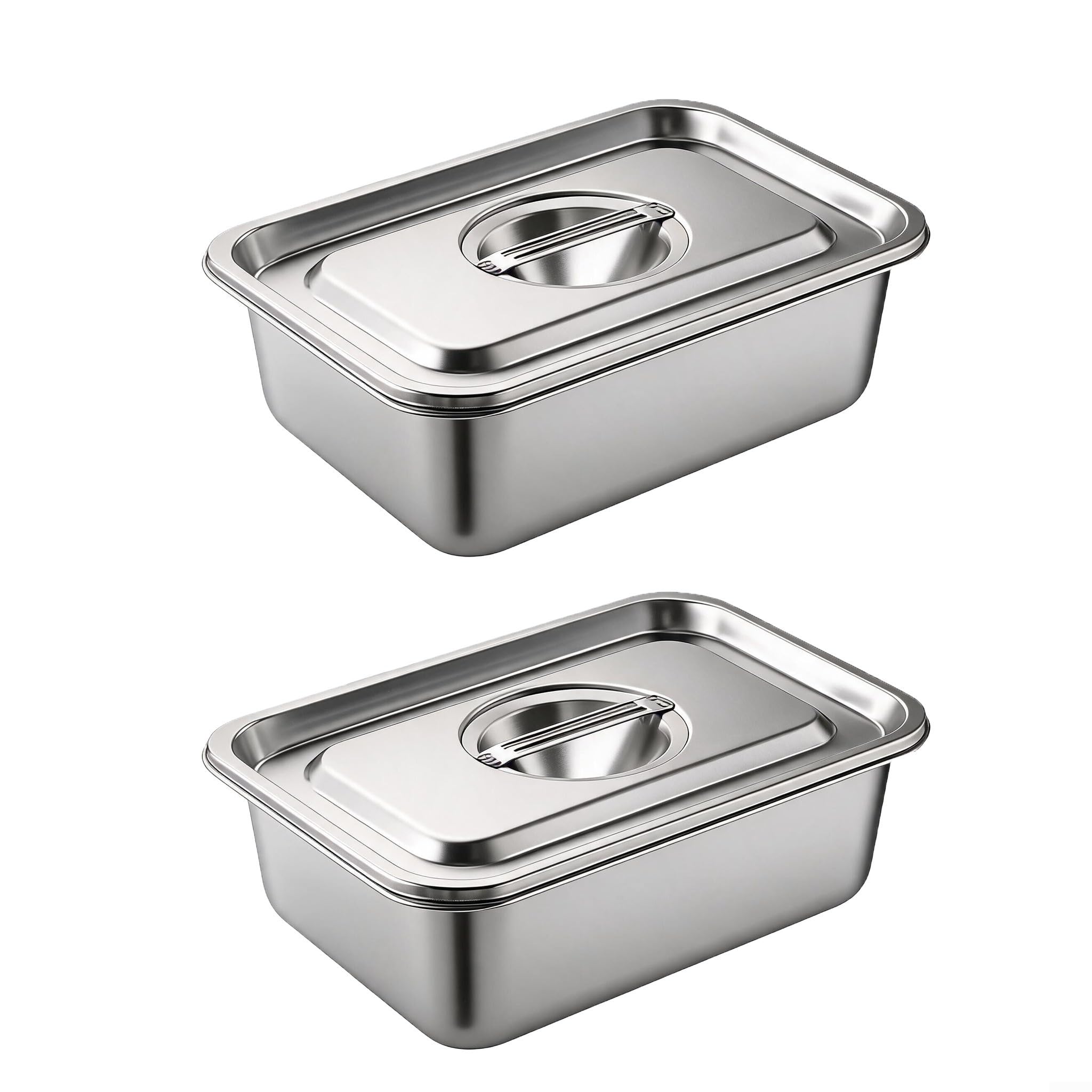 2 bandejas rectangulares de acero inoxidable para bufé, catering y servicio de alimentos con base inferior plana y borde ancho para un manejo seguro