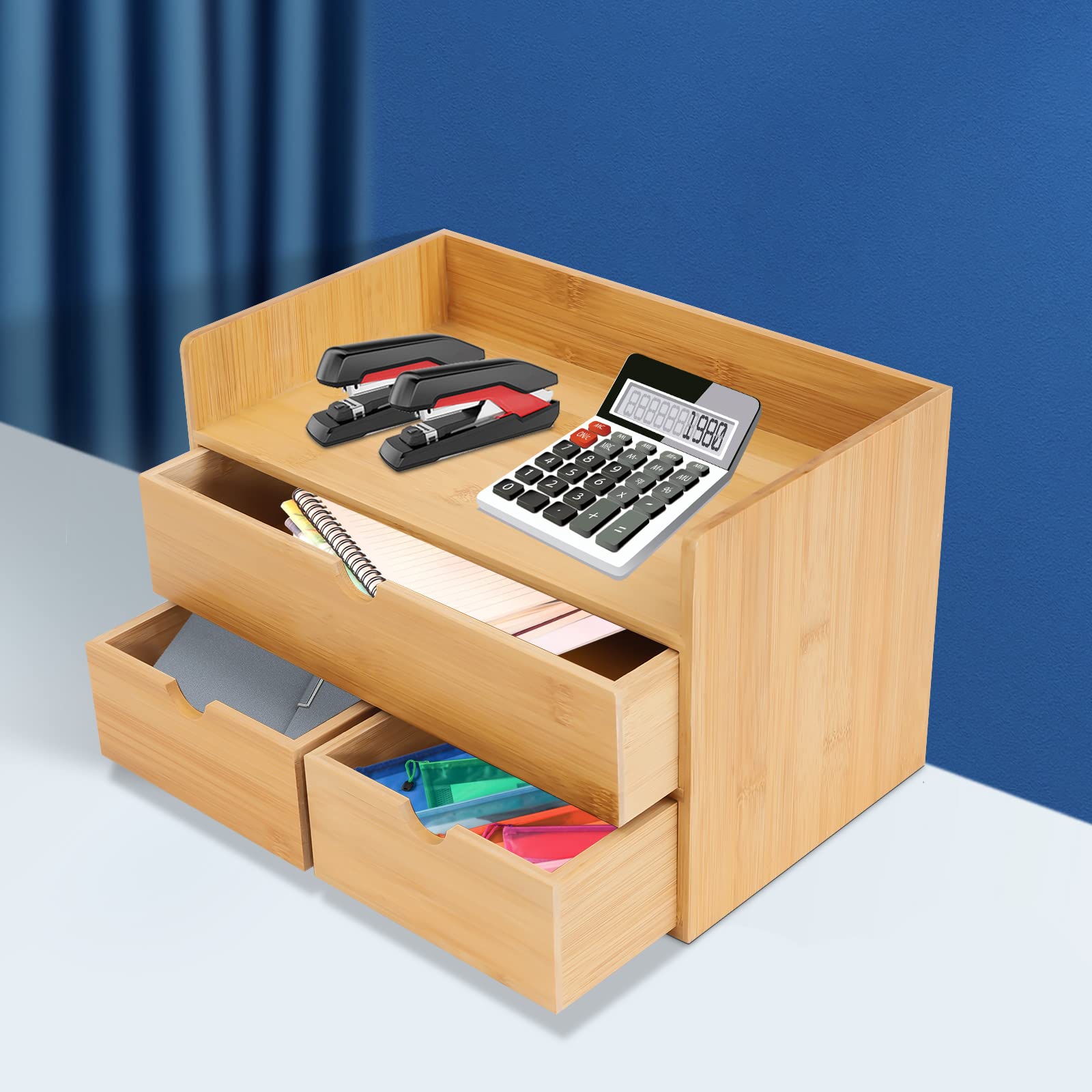 Organizer da scrivania in bambù con 3 cassetti, mini scrivania in bambù, cassetto da tavolo, ordina cassetti, organizzazione su 2 a partire da 1 pareggio, per ufficio, casa, articoli da toeletta
