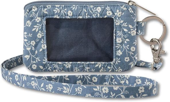 Bella Taylor ID Lanyard, Quilted ID Holder, Heritage Blue Floral | Quilted design with ID window, interior cash & card divider with zip closure, key ring, detachable strap