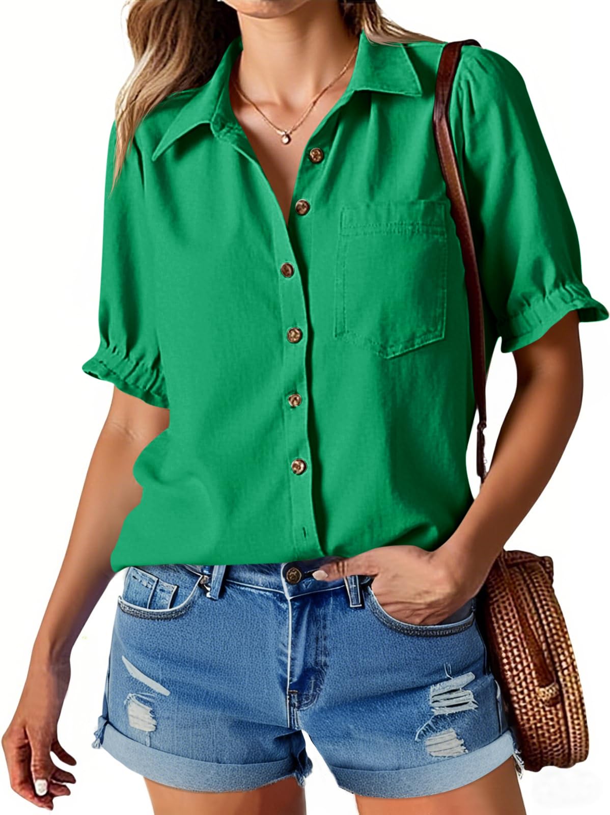 Cicy Bell Camicetta da donna a maniche corte a sbuffo, con bottoni, estiva, casual, con scollo a V, camicetta in lino vestibilità larga