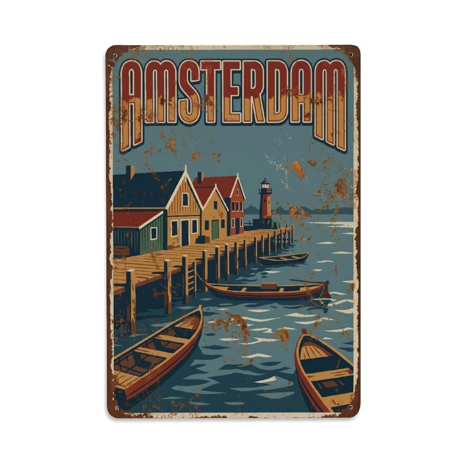 Okngb Style Waterfront Pier Canal Retro Amsterdam Tourism Quay Metal Tin Sign Plaque Wall Decor For Cafe, Man Cave, Club Bar, Office, Home Garden Round Metal Poster 8X12inch