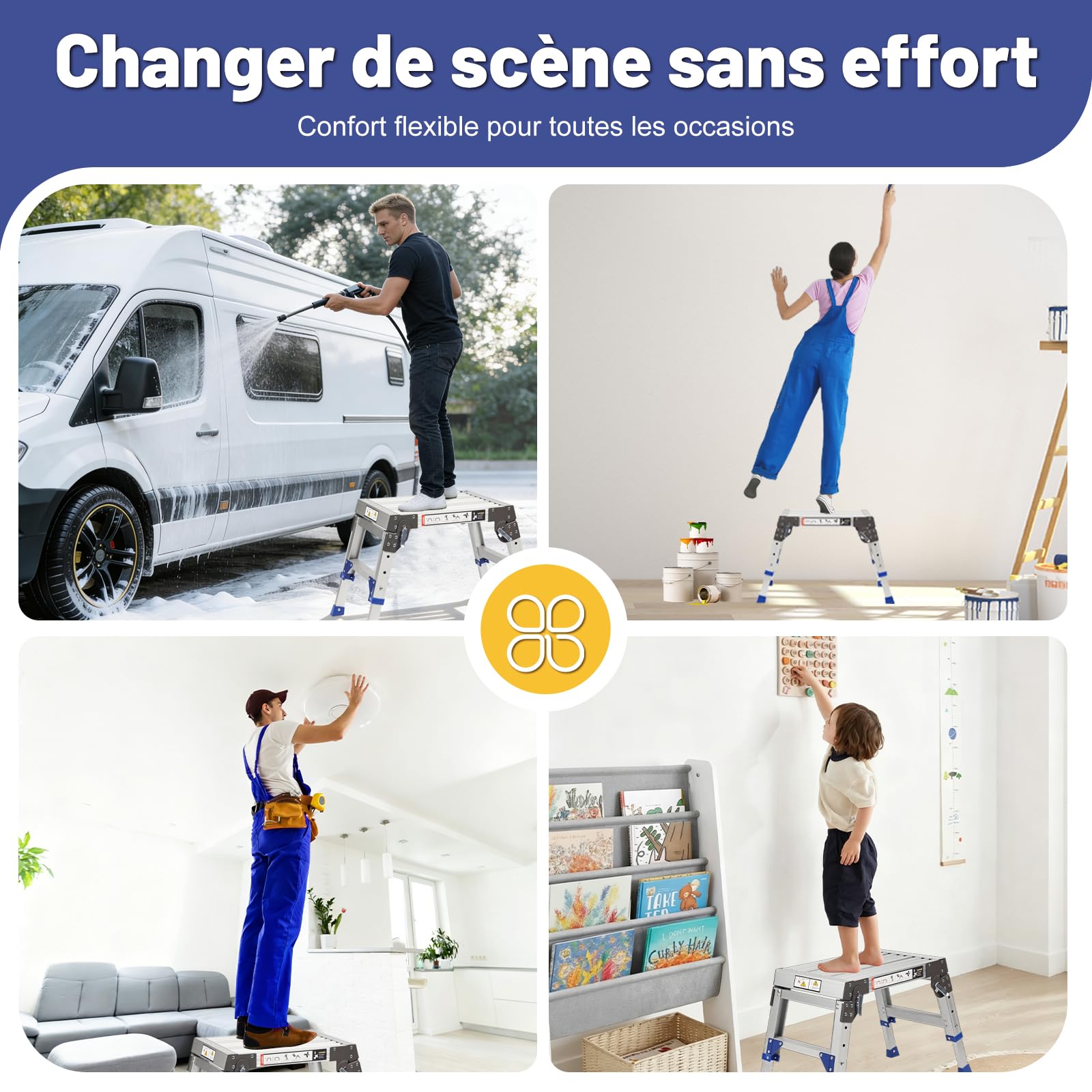 Plateforme de Travail Réglable en Aluminium, Repose-Pieds Réglable en Hauteur à 3 Positions (32-42 cm), Escabeau pour Maison, Bureau et Garage, Échelle à Marches avec Verrous de Sécurité