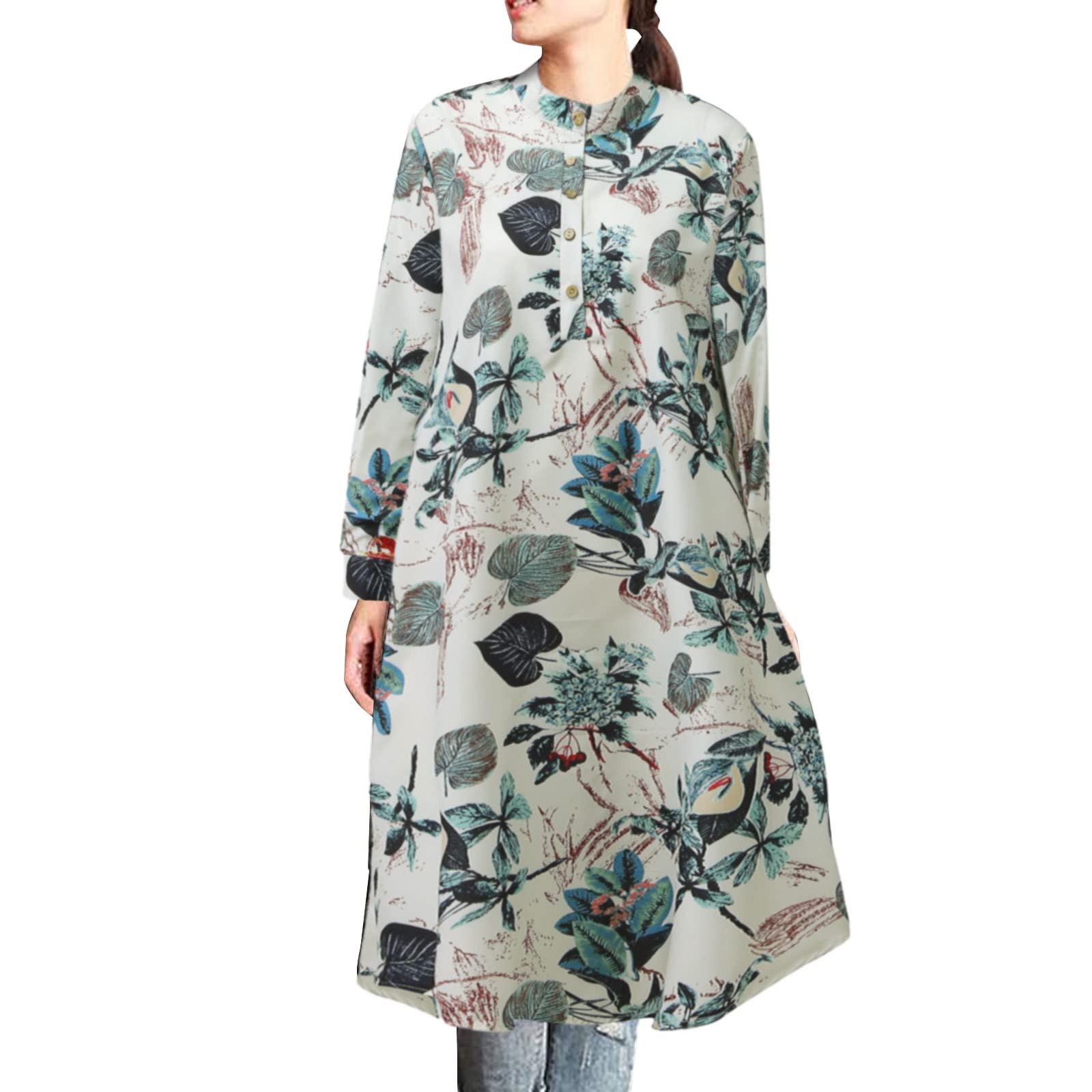 WNVWAPZY Women Tunic Tops Knee Length 3/4 Sleeve Plus Size Summer Casual Floral Button Crewneck T-Shirt Loose Swing Dresses