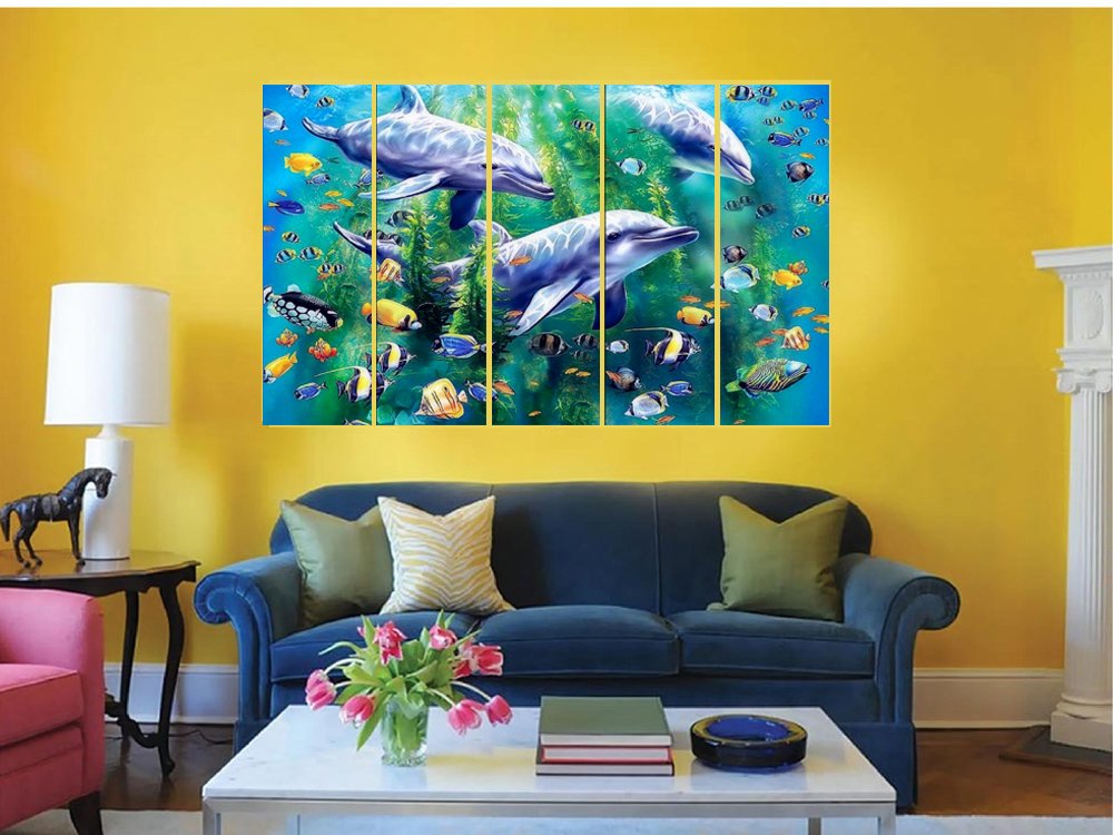 KYARA ARTS Split Wall Painting in Multiple Frames || Wooden Framed Art Panels || 7mm Hard MDF Board || Painting Ready to Hang-Colorfull Fish in Underwater Digital Wall Painting 5 pc