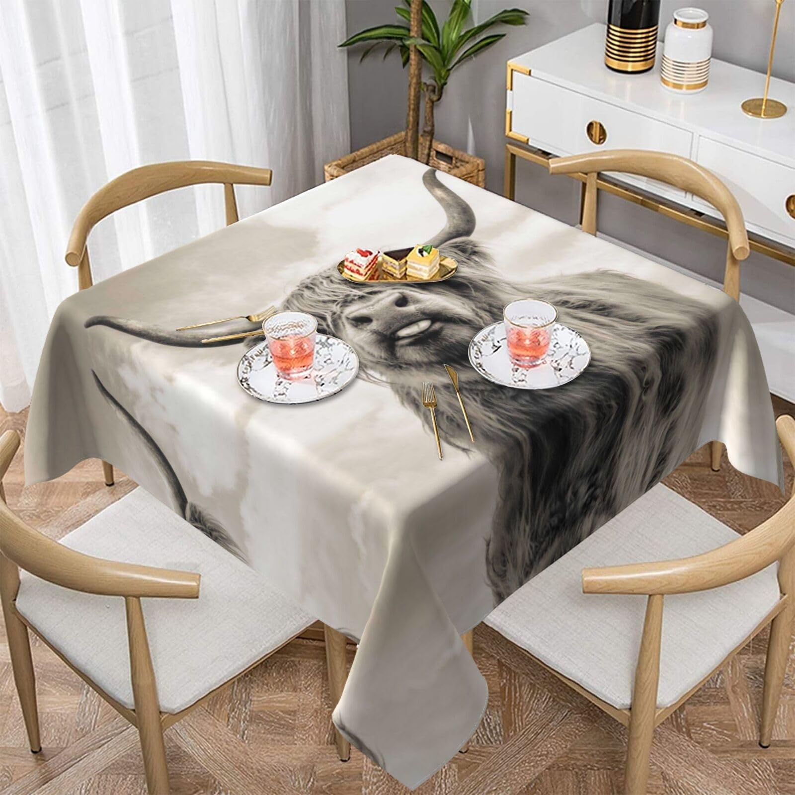 Wquvmds White Funny Highland Cow Square Table Cloth, Wipe Clean Tablecloth Waterproof Dining Table Cover For Kitchen Picnic Outdoor Indoor 60"X60"