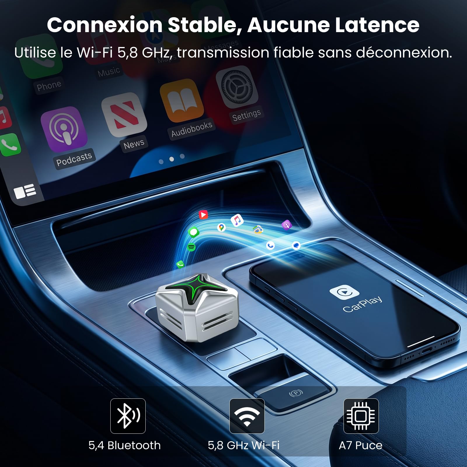 Adaptateur CarPlay sans Fil, 2-en-1 Dongle, Android Auto, Plug & Play | Convertit Filaire en Sans Fil, Changer d'Utilisateur en Un Clic, pour Voiture à partir de 2016, iOS 10+ et Android 11+