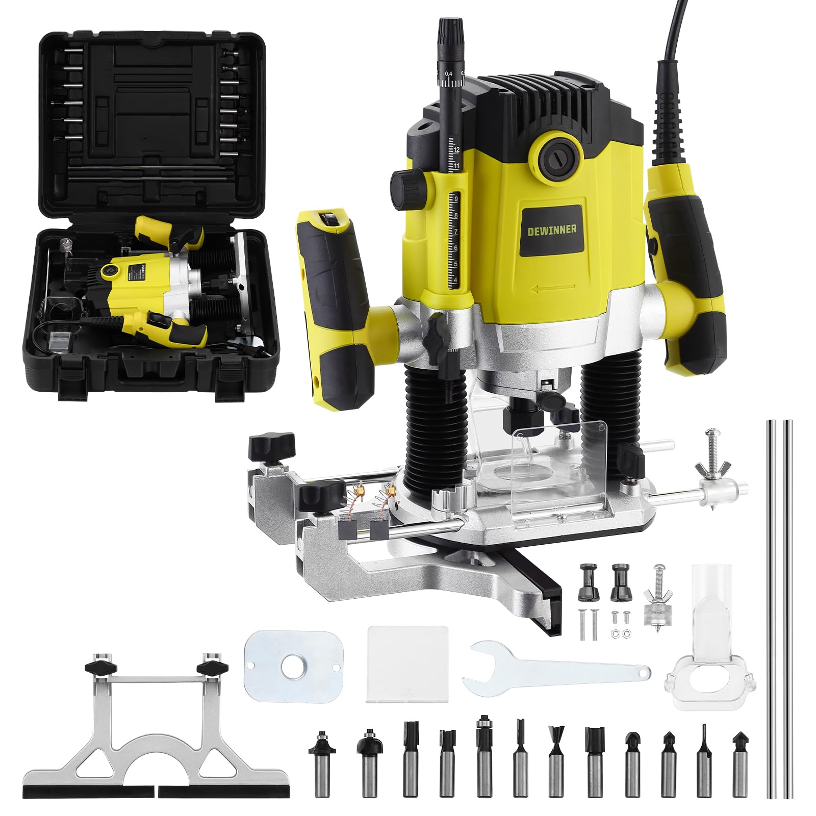 DEWINNER Fresadora Para Madera 1800 W 10000-26000 RPM, Rebajadora Eléctrica con Juego de 12 fresas,7 Velocidades,3 Alicates de 6,8,12 mm,Ajuste de la Profundidad de Fresado,Caja de Plástico