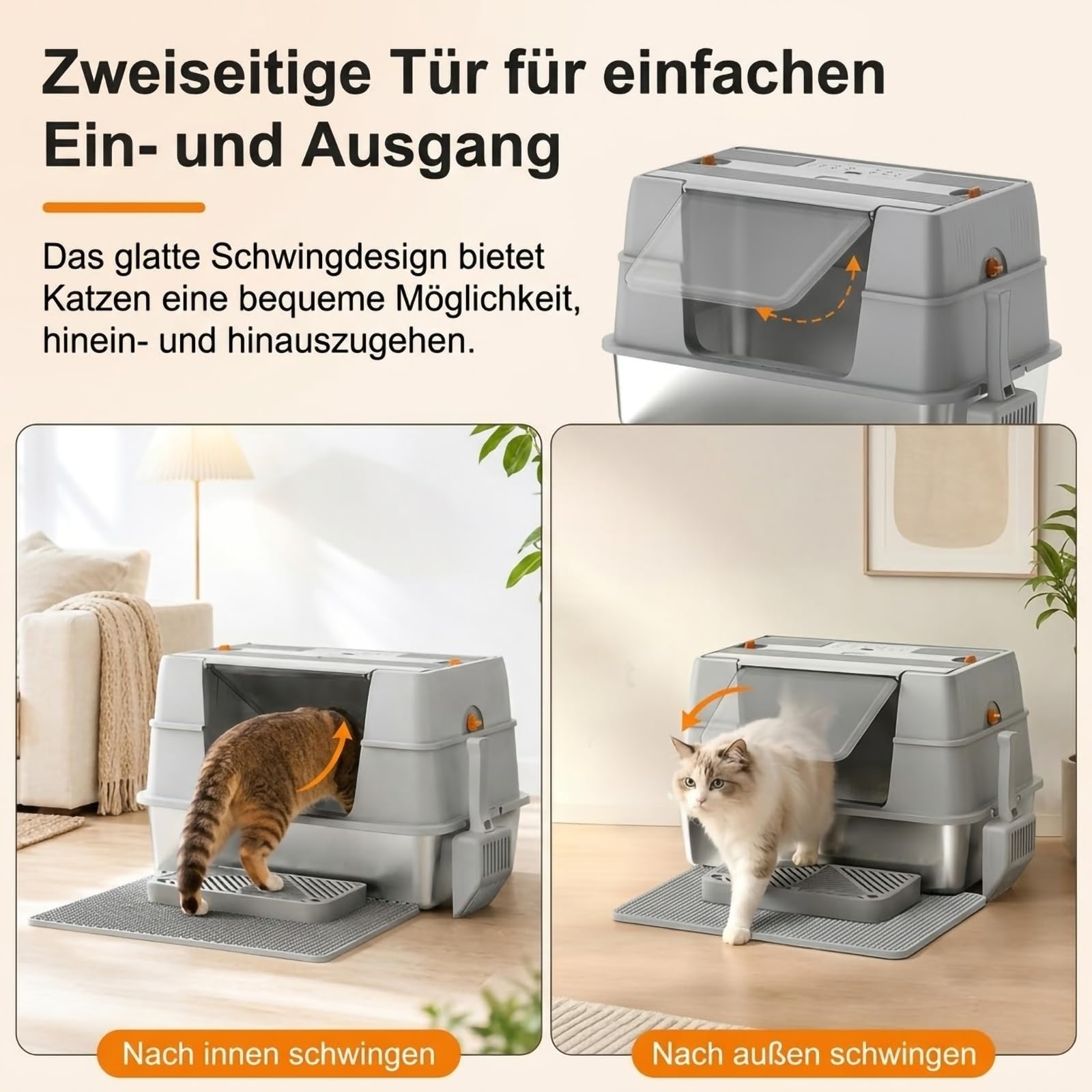Lettiera per gatti in acciaio inox con coperchio, con ingresso laterale, per gatti di grandi dimensioni, anti-perdite, controllo degli odori con filtro al carbonio, include paletta e tappetino