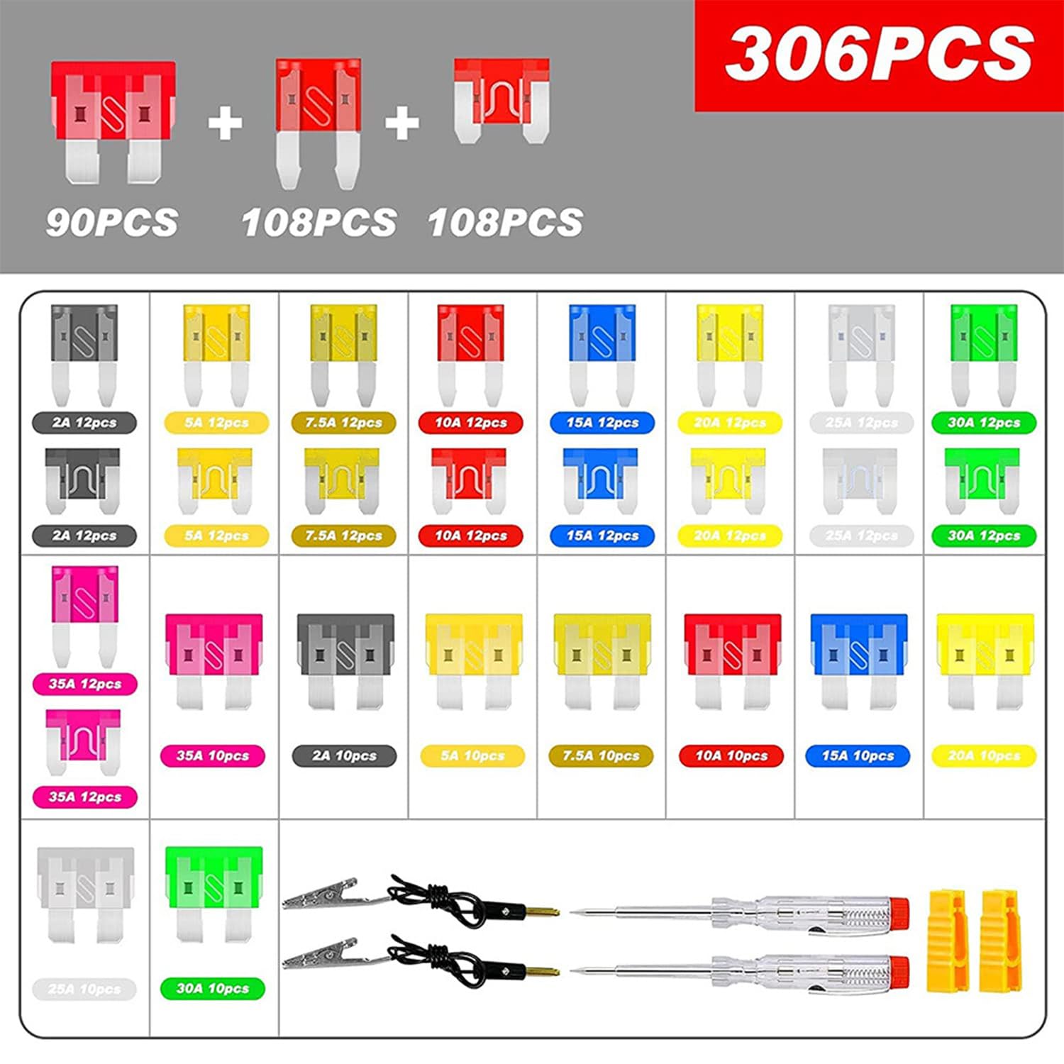 Kit assortito di micro fusibili per auto con tester, fusibili per auto, 306 pezzi