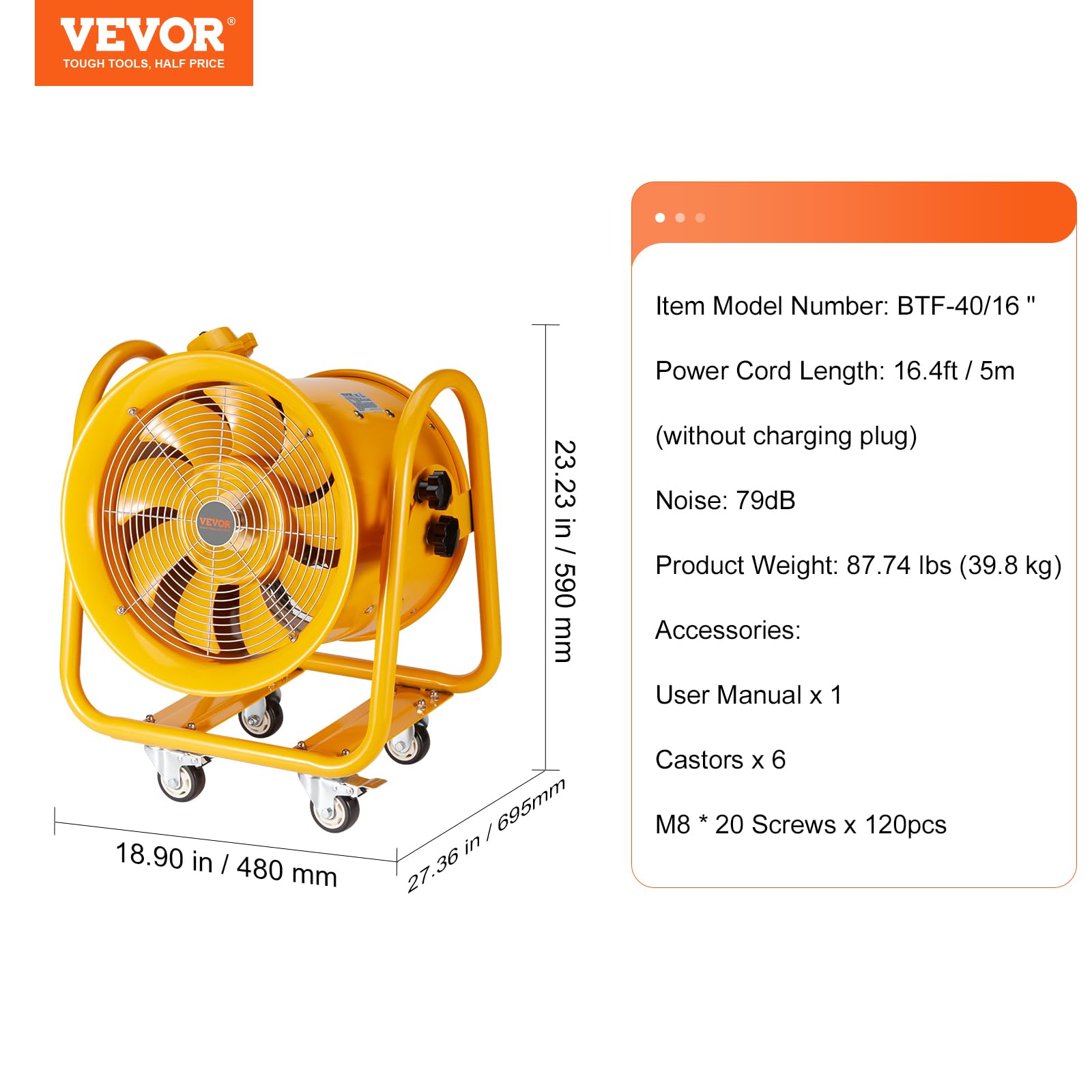VEVOR Ventilateur d'Extraction 1100 W Extracteur d'Air Industriel 406,4 mm Volume d'Air 7204 m3/h Cordon Alimentation 5 m Sans Prise de Charge Ventilateur Portable pour Extraire Poussière Fumée Maison