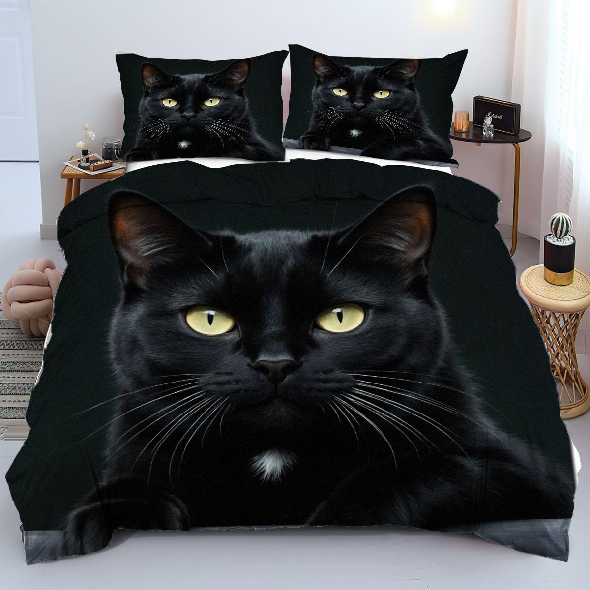 Linge de lit 220x240 cm chat noir, une parure cocooning pour vos soirées détente