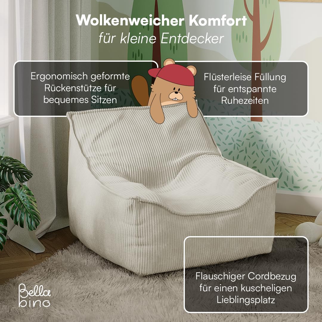 Bellabino Cleo Kindersitzsack – Sitzsack für Kinder aus Cord mit Füllung – Kindersessel Beige 50x75x60 cm (HxTxB)