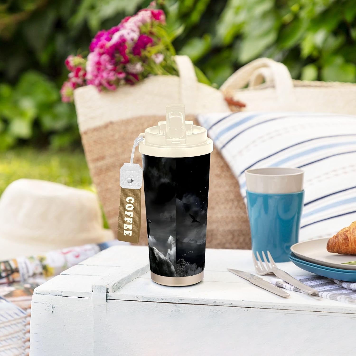 Wolf Black White Raven Insulated Coffee Mug with Straw & Flip Lid, 16.9oz Iced Tumbler Cup, Double Wall Vacuum Leak-Proof Mug for Travel Office