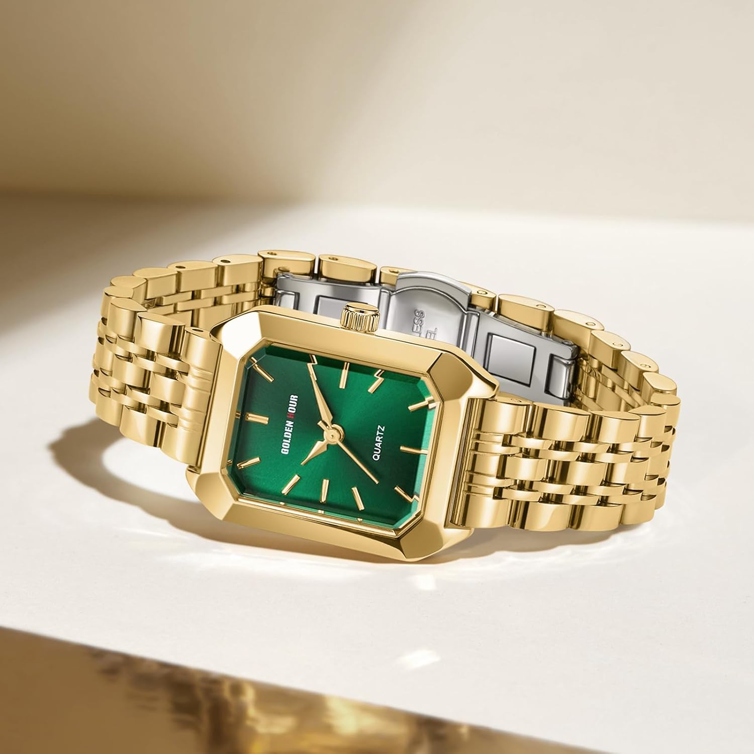 GOLDEN HOUR Women's Rectangular Quartz Watch, Gold Tone Stainless Steel Band - Image 7