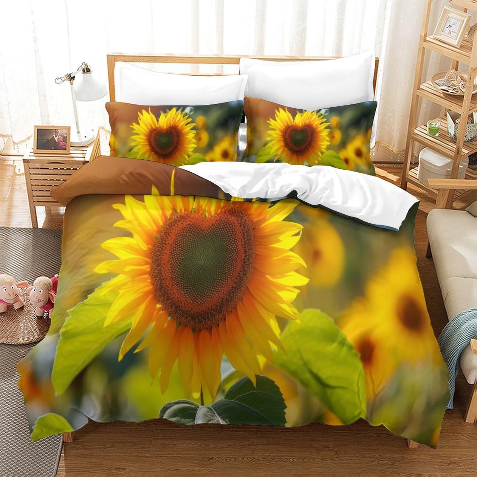 P1S9U7W5Y 3D Printed Sunflower Floral Duvet Cover Set 3pcs Microfiber Sunflower Bedding Set for Bedroom Double（200x200cm）
