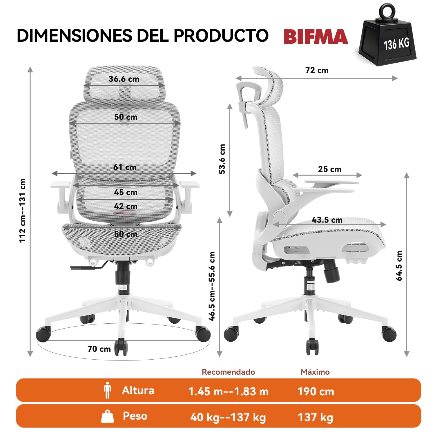 SIHOO Silla de Oficina ergonómica B100, cómoda Silla de Escritorio con Soporte Lumbar dinámico adaptativo, Silla de computadora con reposacabezas, reposabrazos abatibles (Blanca sin reposapiés)
