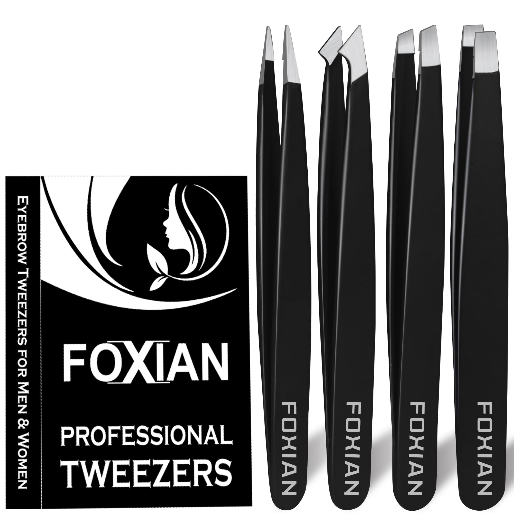 Foxian Tweezers for Facial Hair Women - Stainless Steel Eyebrow Slanted Tip for Accurate & Precise Grooming of Eyebrows Professional Tweezers for Men (4 Pcs)
