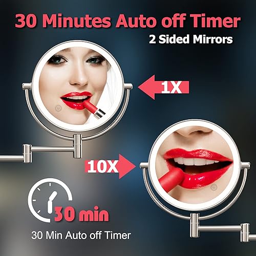 Miniatura 5 de Espejo de maquillaje recargable montado en la pared con aumento de 2 lados 1X10X, con batería de 4000 mAh, 54 luces LED de grado médico, extensión