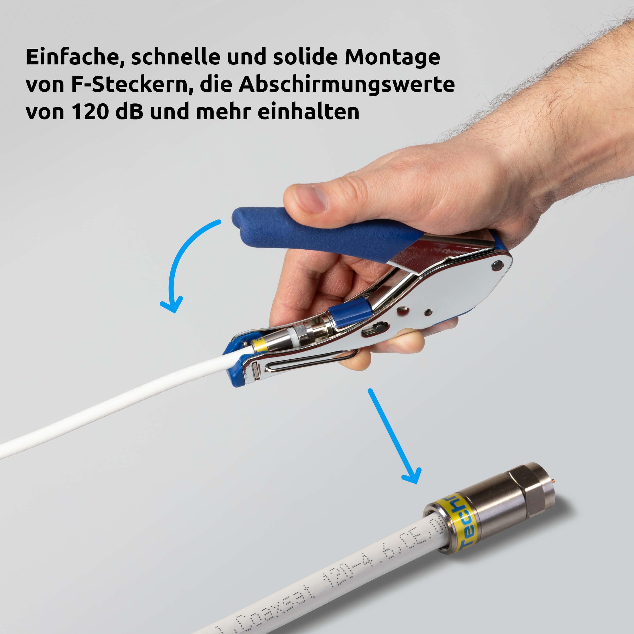 TechniSat Kompressionszange - Zange zur soliden Montage von F-Kompressionssteckern (mit integrierter Griffverriegelung) silber/blau