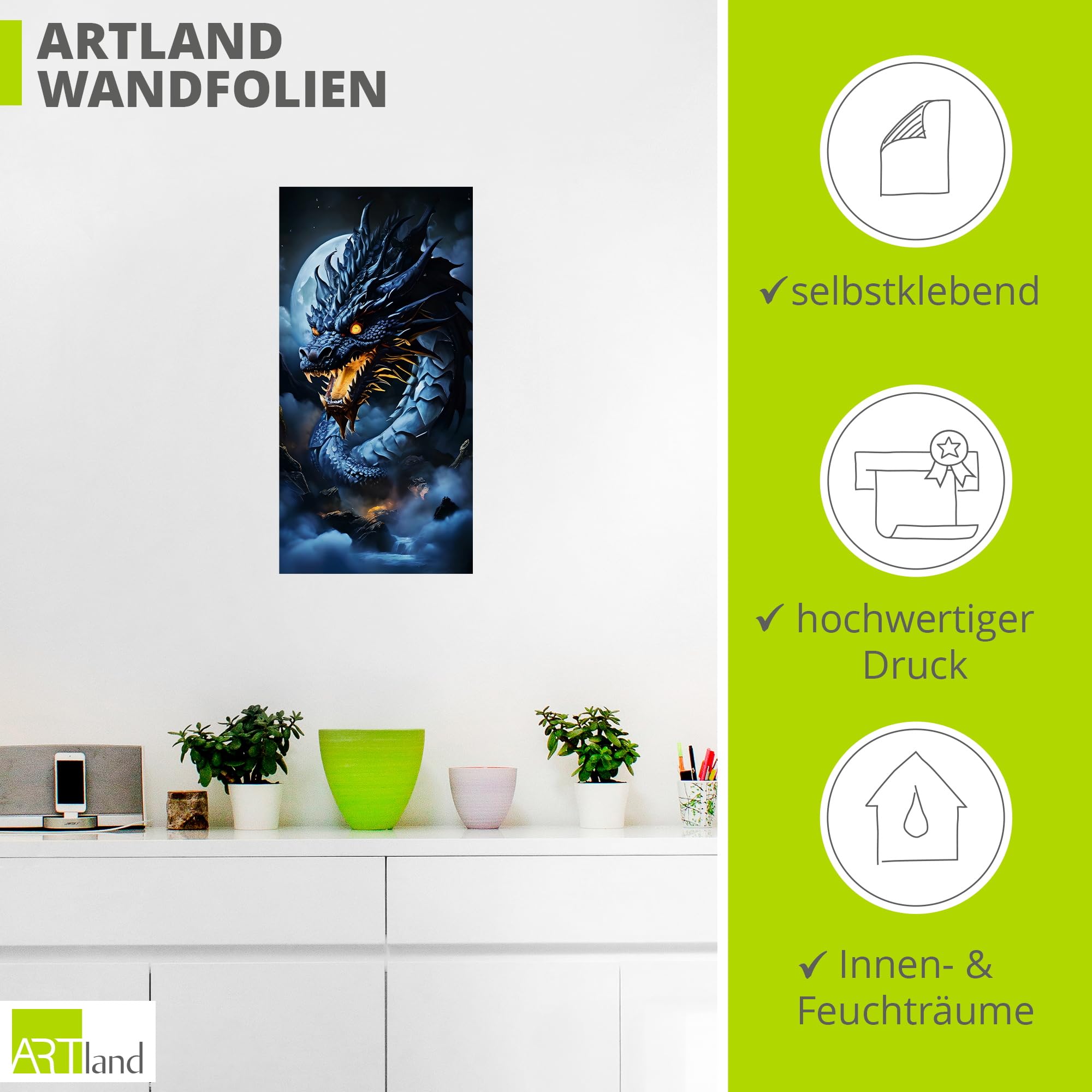 Wandaufkleber Fliegender Drache – Fantasy-Design, Vinyl, Wasserdicht, 67x86 Cm Groß, Schwarz, Selbstklebend Und Abziehbar.