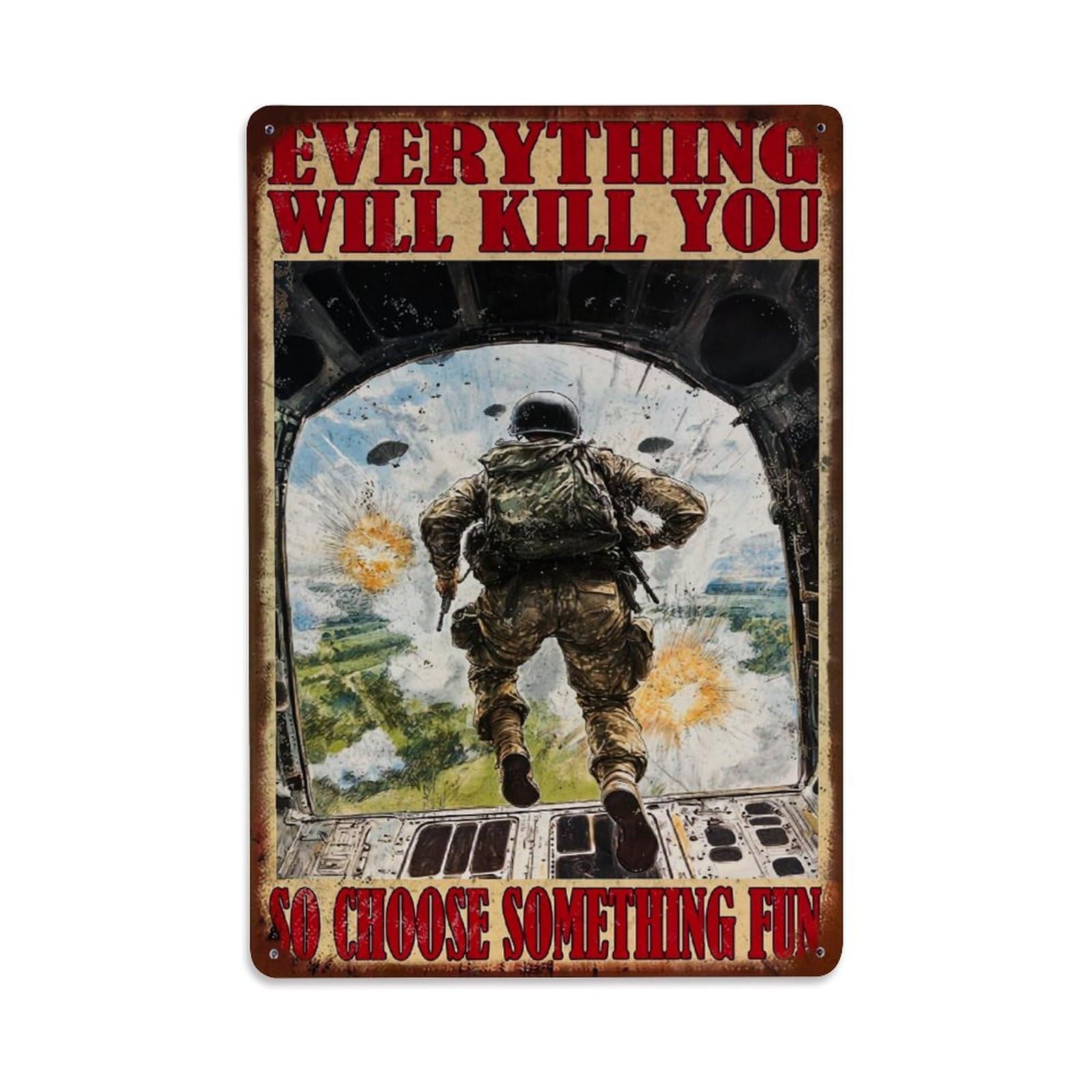 Jdfenggu Vintage Soldier Jumping From Plane Explosion Background Retro Metal Tin Sign, Decor Art Poster For Bar, Home, Man Cave, Kitchen, Laundry Room Gift 8X12inch