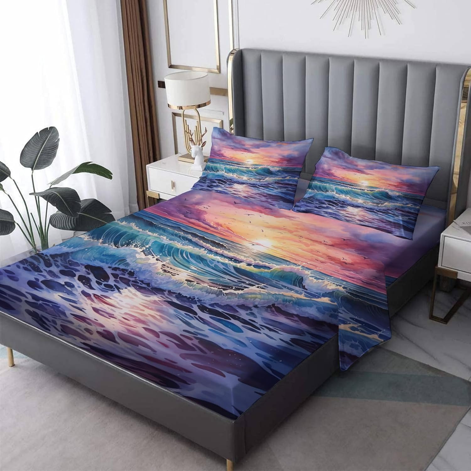 Full Size Sheet Sets - Wave Bed Sheets, Sunset Seascape Bedding Sheets & Pillowcases, Soft Microfiber & Deep Pocket & Wrinkle Free Patterned Sheet Set, 1 Fitted Sheet, 1 Flat Sheet, 2 Pillow Cases