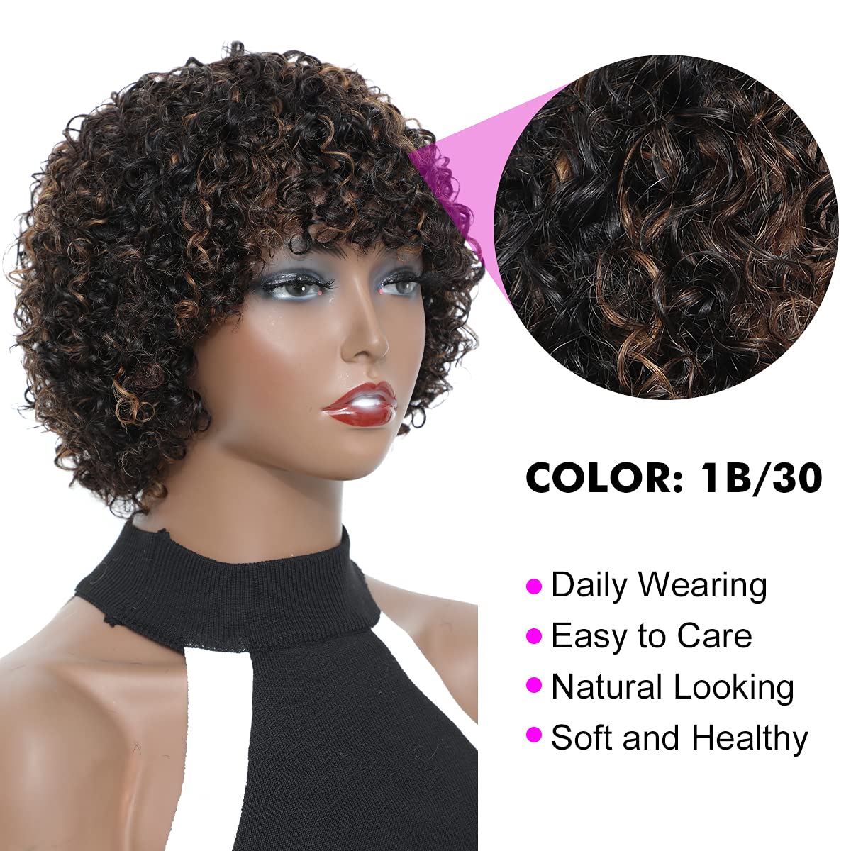 Short Curly Wigs Natural Black Color No Lace Front Hair new Amazon.com : Short Curly Wigs for Black Women Brazilian  main image 3