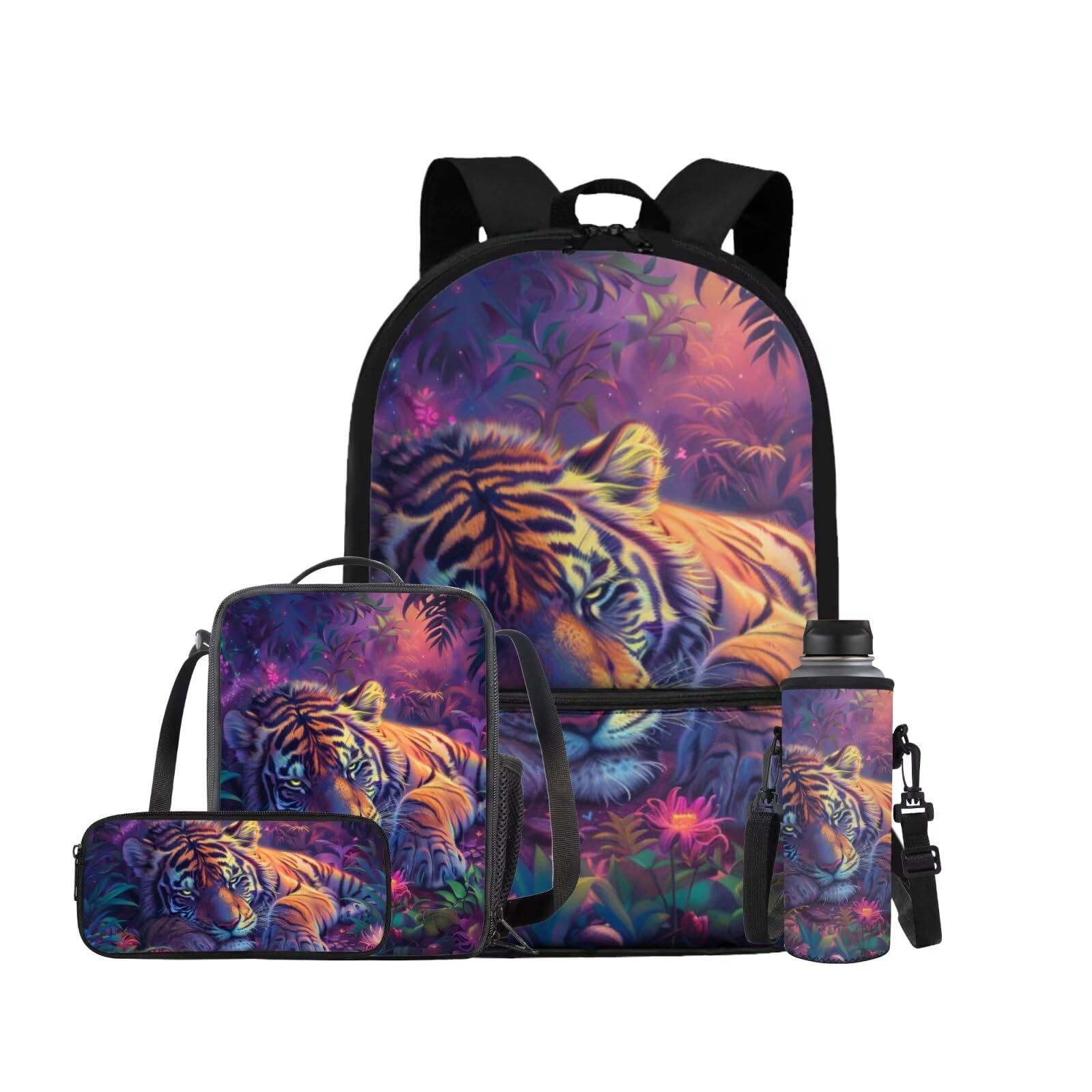 ELEDIZI Tiger Backpack for Kids Girls Backpack with Lunch Box Water Bottle Holder with Strap and Soft Pencil Case 4PCS Set Bookbag with Front Pocket