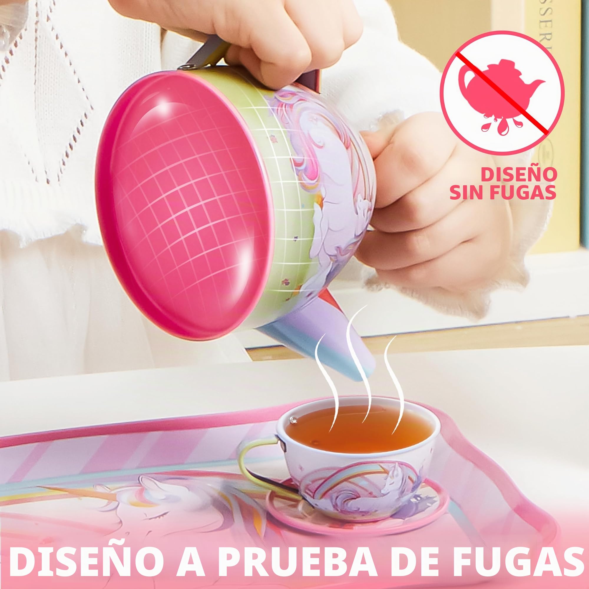 JOYIN Juego de 35 Piezas de Fiesta de té de Unicornio para niñas pequeñas, Juego de Tetera de Lata, Juguete de Cocina de Princesa con Postre, Regalo de cumpleaños para niños pequeños de 3 4 5 6 años