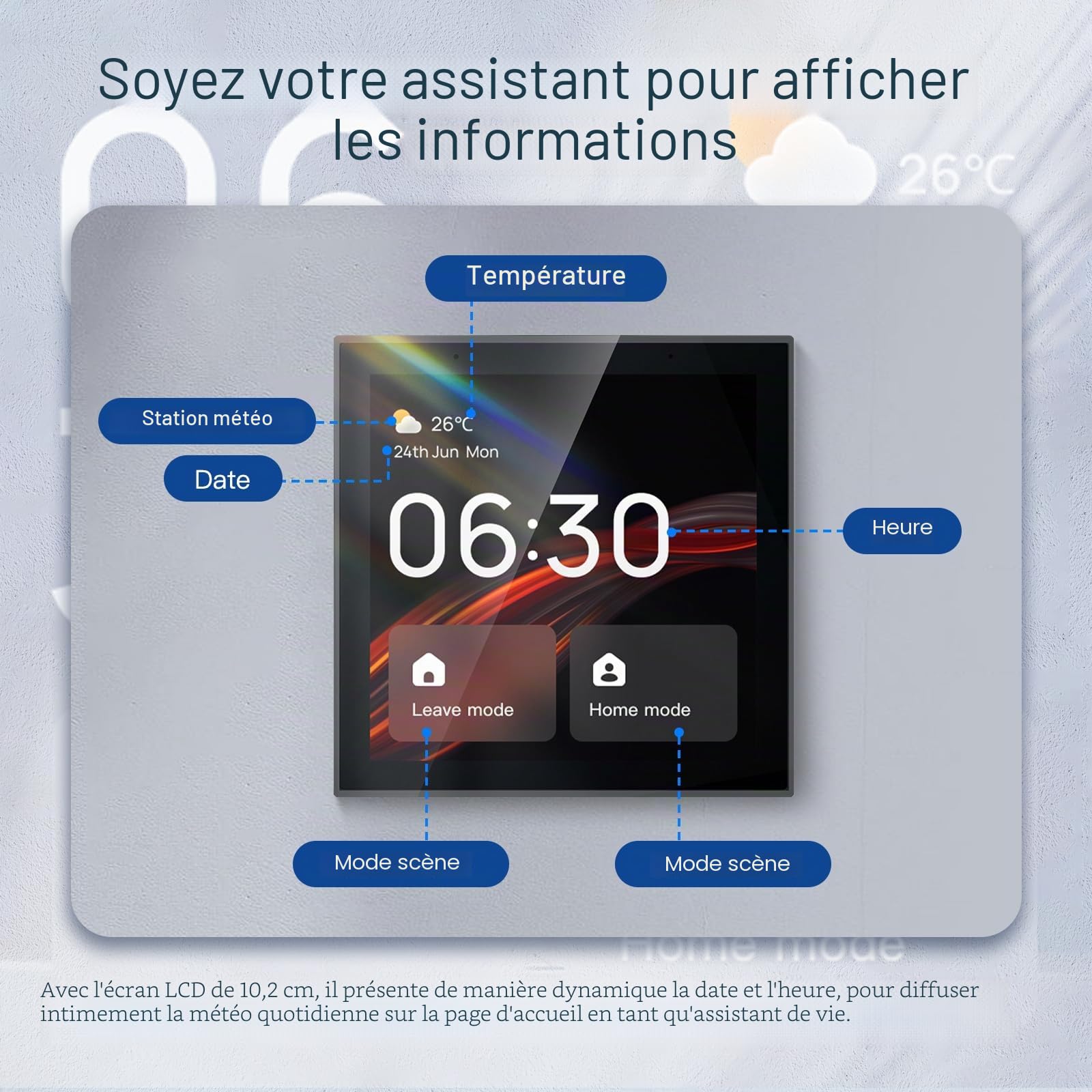Panneau de contrôle Smart Home avec Alexa intégré, écran tactile 4 pouces, Hub Zigbee 3.0 et passerelle BLE SIG Mesh, affichage température et météo, mode maison et sortie, WiFi Tuya Smart Life, 86 x