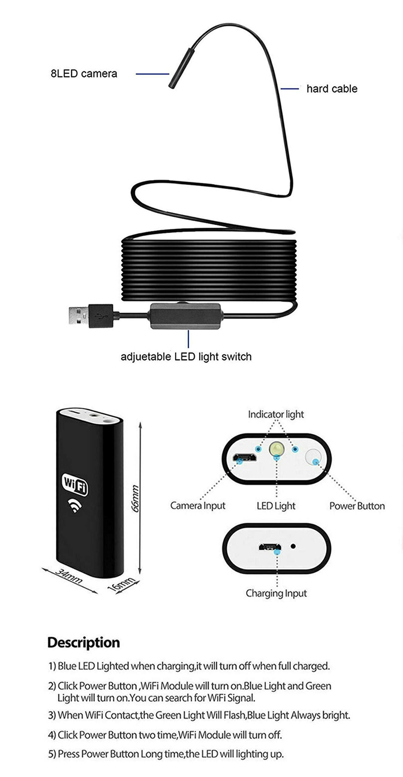 Riloer bezprzewodowy endoskop, WiFi 1200P kamera inspekcyjna z 8 diodami LED, wodoszczelność IP68, kabel do inspekcji samochodowej, rurociągu, klimatyzacji, 2 metry