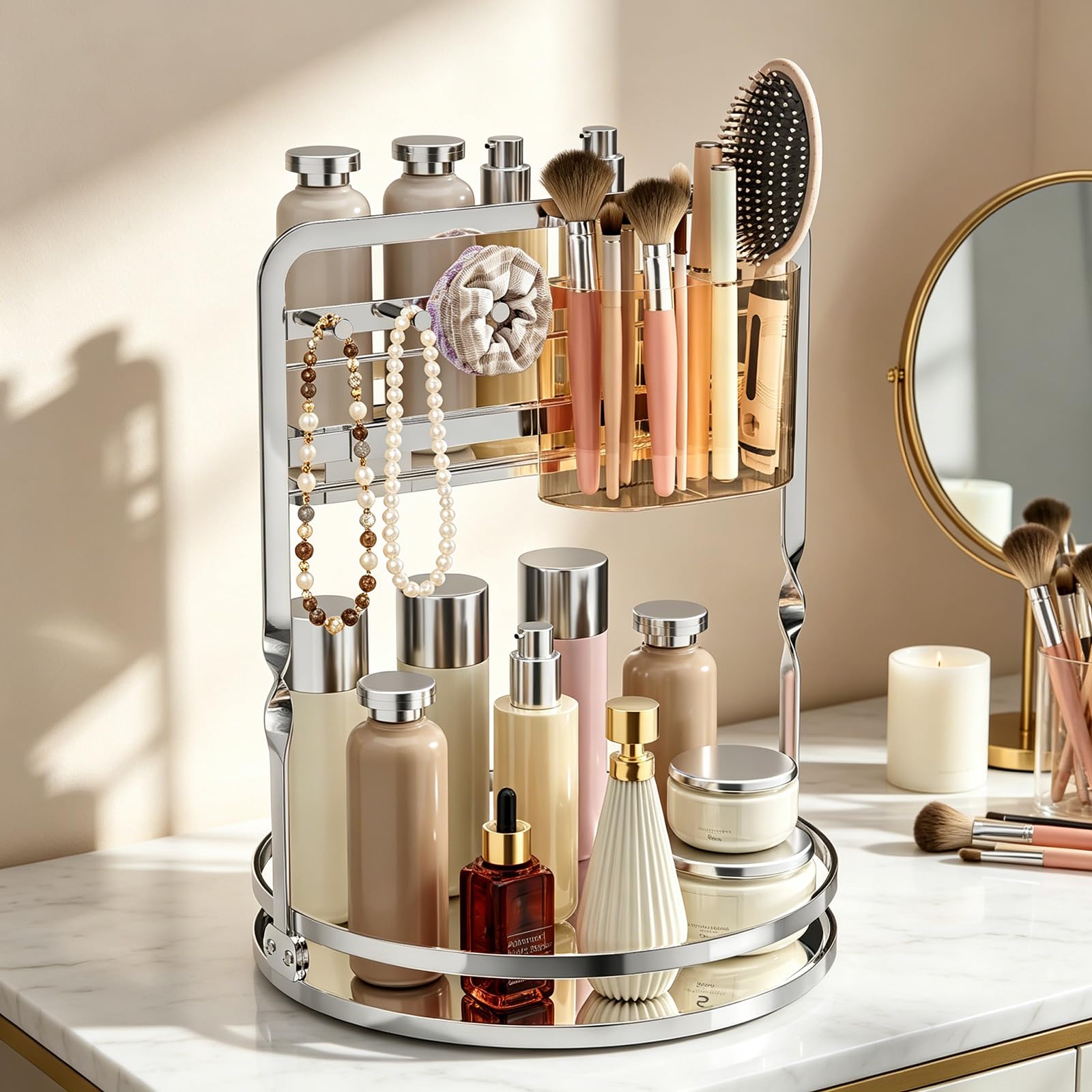 Rangement cosmétique rotatif à double couche et crochets à bijoux pour pinceaux de maquillage, produits de soins de la peau, accessoires de maquillage