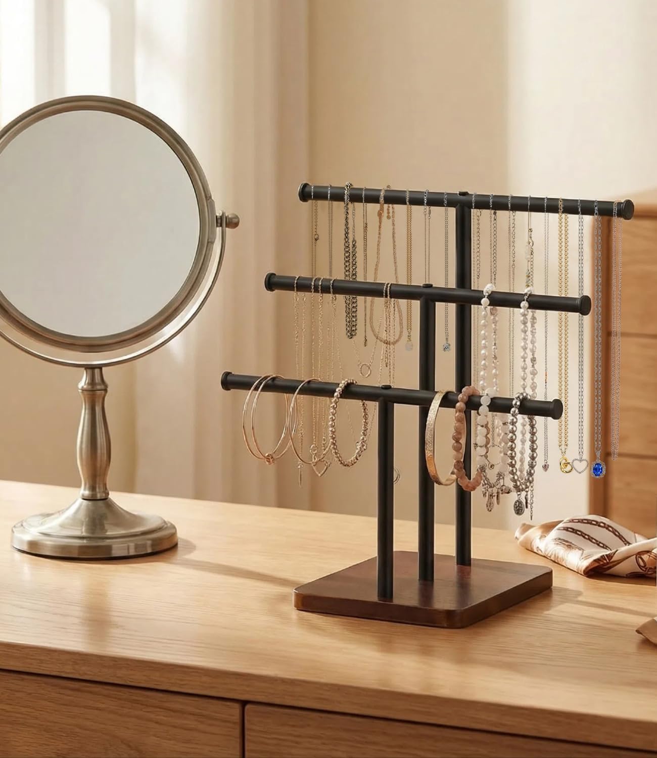 3 Tier Jewelry Holder Organizer, Bracelet Holder Display, Detachable T Bar Wood Jewelry Organizer, Jewelry Display Stand, Necklace Bracelet Holder for Earring, Watches, Rings, 2025 New - Brown