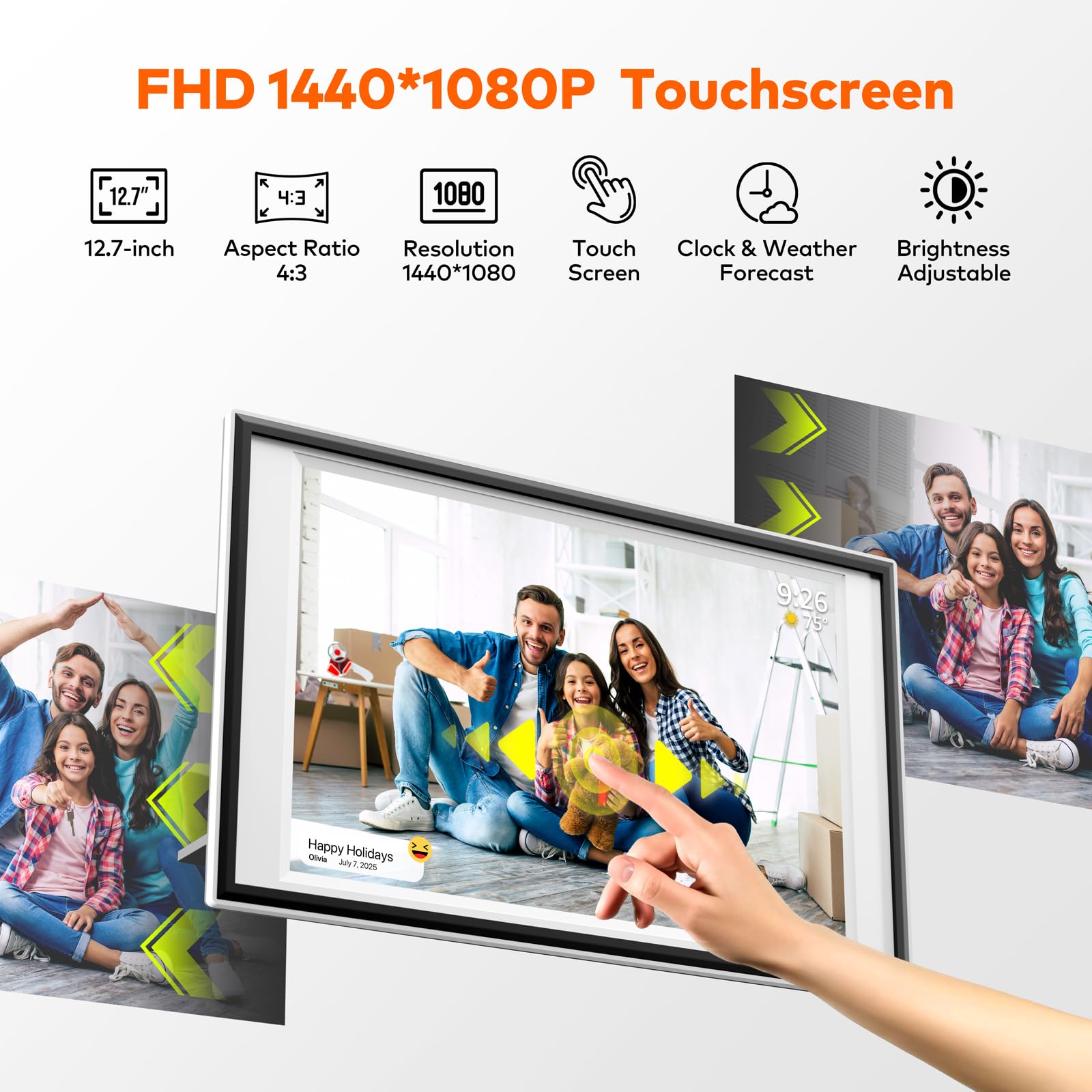 Frameo Cadre photo numérique 12,7 pouces 64 Go, 1440 x 1080p IPS Touch Electronic Photo Frame Rotation automatique et support mural, USB et carte SD, partage de photos/vidéos
