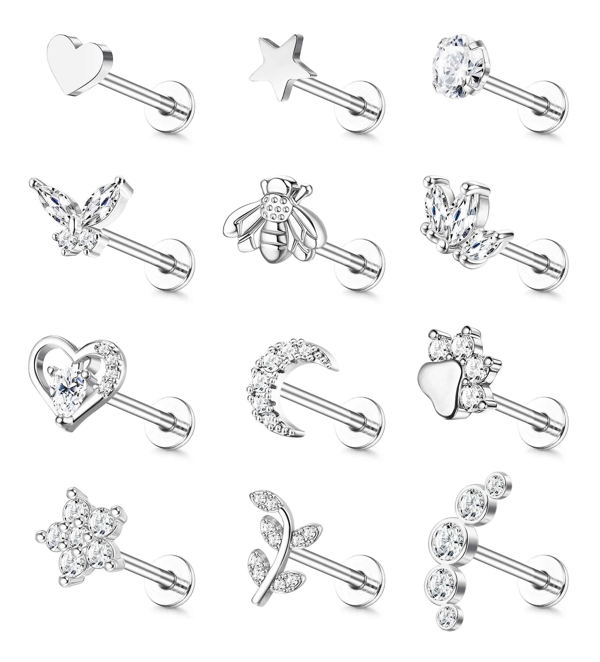 JeweBella 12 Piezas 16G Pendientes Cartílago Helix para Mujer Hombre Acero Quirúrgico Rosca Interna Circonita Luna Corazón Estrella Hoja Piercing Labret Nariz Helix Tragus Plata/Oro