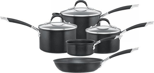 Circulon Momentum Non Stick Pots and Pans Set of 5 - Suitable as Induction Hob Pan Set with Toughened Glass Lids, Soft Grip Handles, Dishwasher Safe, Metal Utensil Safe, Black