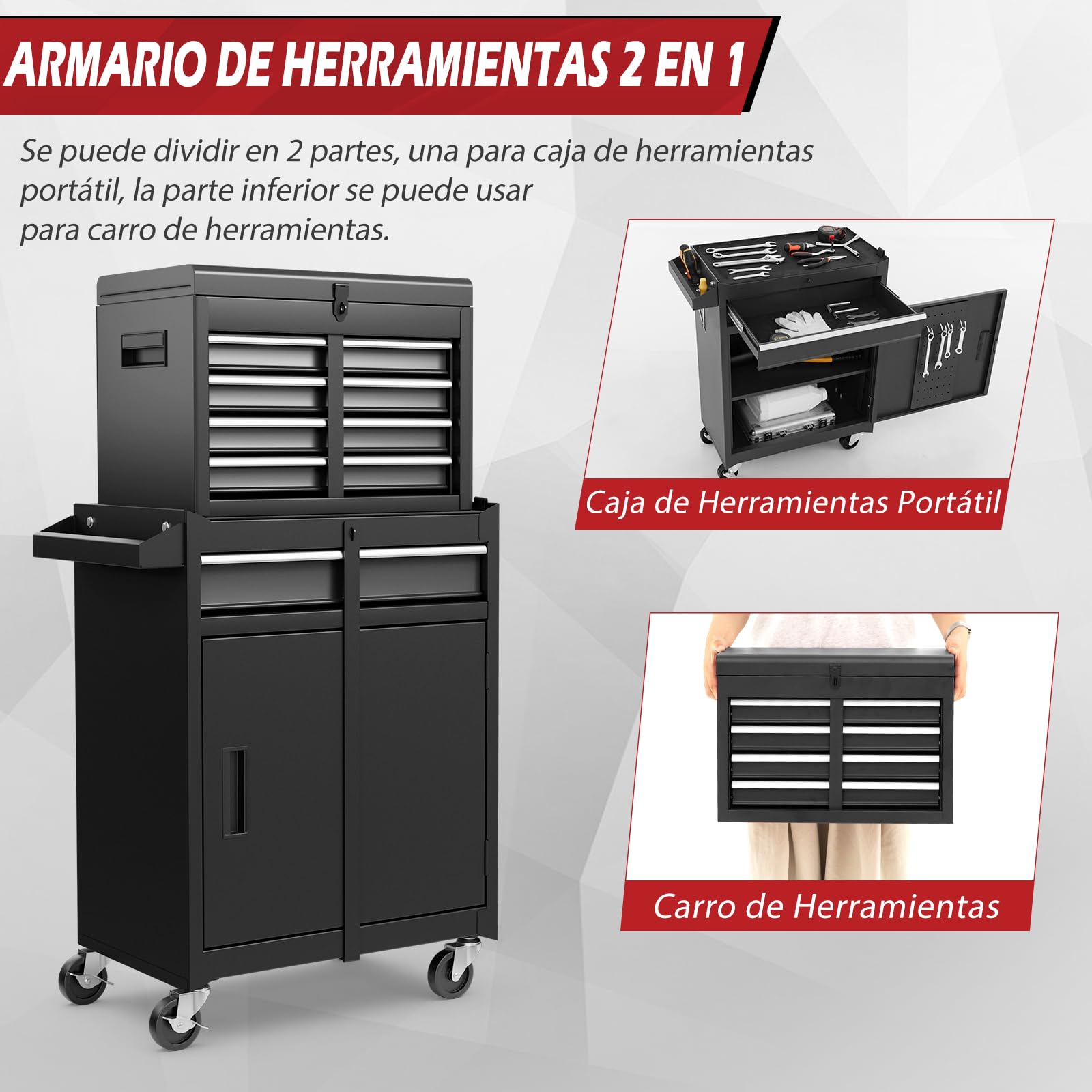 GYMAX Carro de Herramientas con Ruedas, 2 Ruedas con Bloqueo, Armario de Herramientas con 5 Cajones, Gancho, Estante Ajustable y Forro Antideslizante (Negro, 59 x 28 x 102 cm)