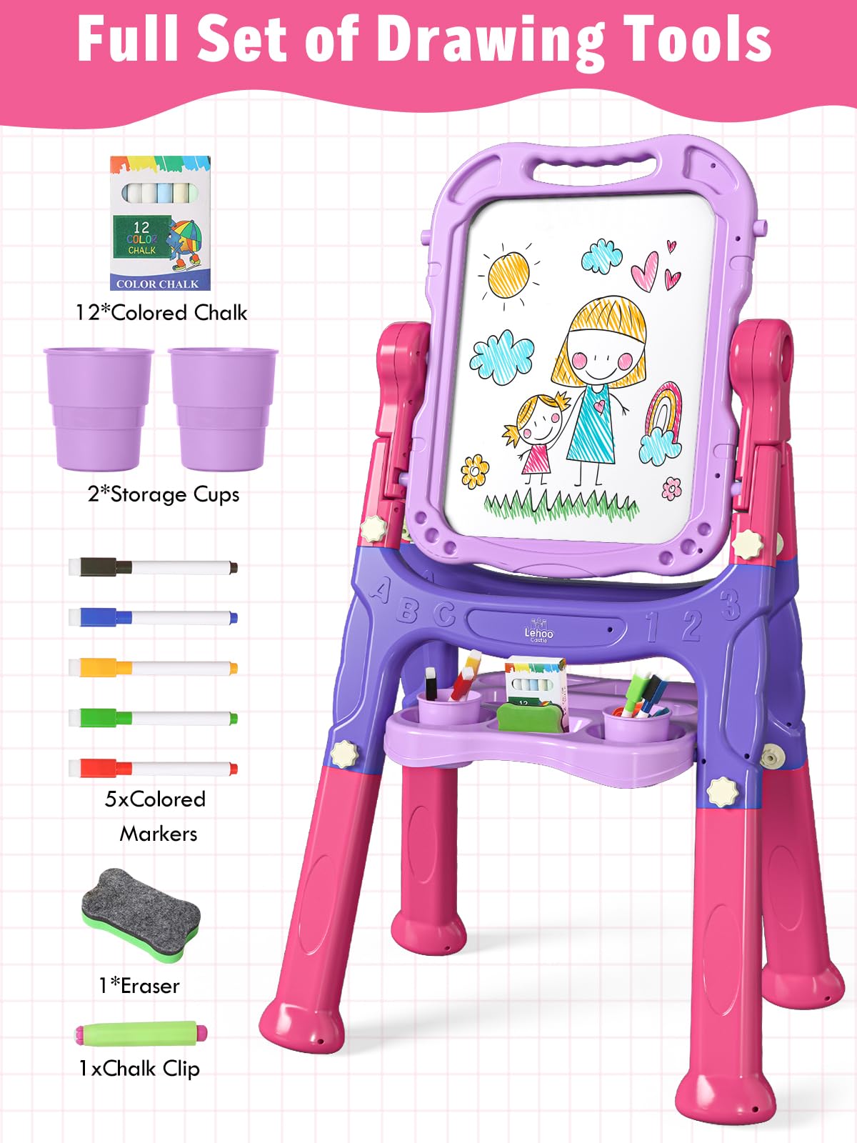 Lehoo Castle Staffelei Kinder, Spielzeug für ab 3 Jahre Mädchen(Lila) | Kindertafel mit Kreidetafel & Whiteboard, Höhenverstellbar, Painting Board Lernspielzeug für 2 3 4 5 6 Jahre Baby Kinder