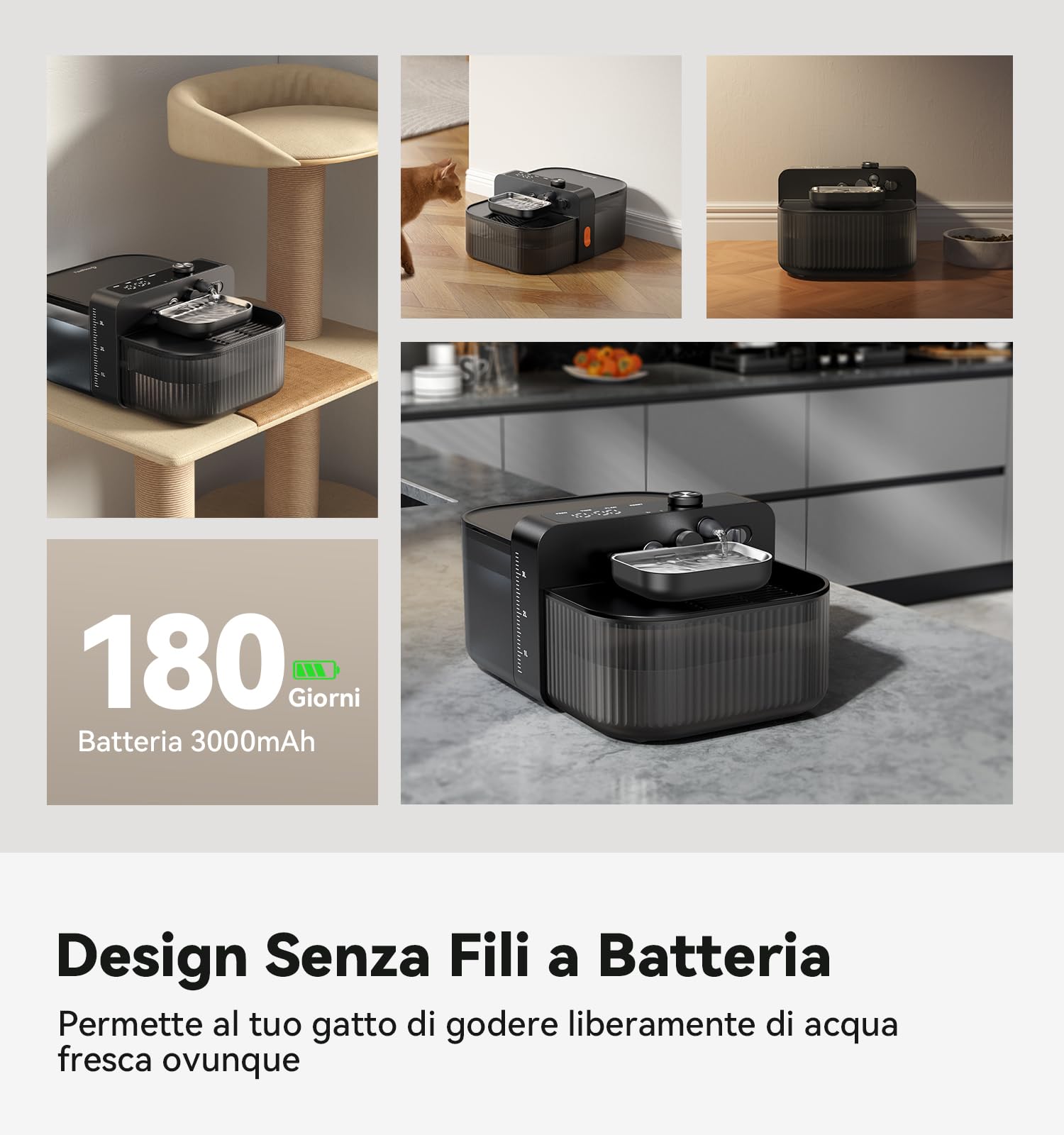 FEELNEEDY Fontanalla per Gatti senza Fili e senza Filtro con Pila 3000mAh | 3,5L Fontana per gatti senza Fili con Separazione Tra Acqua Pulita e Acqua Usata, Ciotola in Acciaio Inossidabile