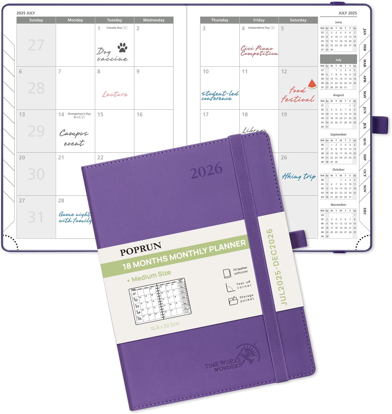 POPRUN Monthly Planner 2025-2026 (Medium- 6.5'' x 8.5'' Soft Cover), 18-Month Calendar Book (Jul.2025-Dec.2026), Calendar Planner with Monthly Tabs & Pocket, 100 GSM Paper - Purple Purple Medium - 6.5'' x 8.5'' Jul. 2025 - Dec. 2026