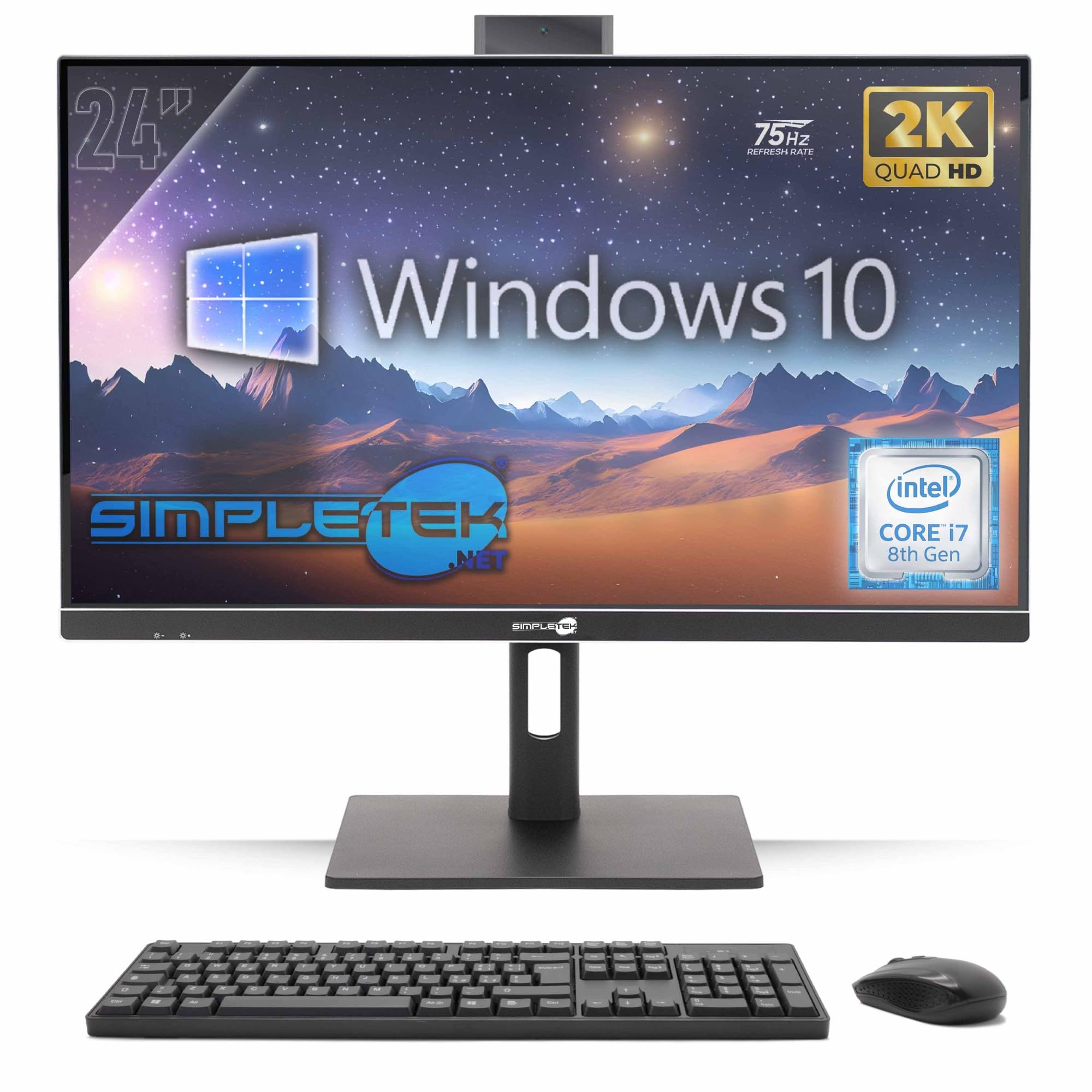 SIMPLETEK Wszystko w jednym komputerze 24" 2K 75 Hz Core i7 8°Gen 4,00 GHz, Windows 10 Pro, 8 GB RAM, SSD 240 GB, komputer wszystko w jednym złączu VESA kamera internetowa wbudowana regulowana