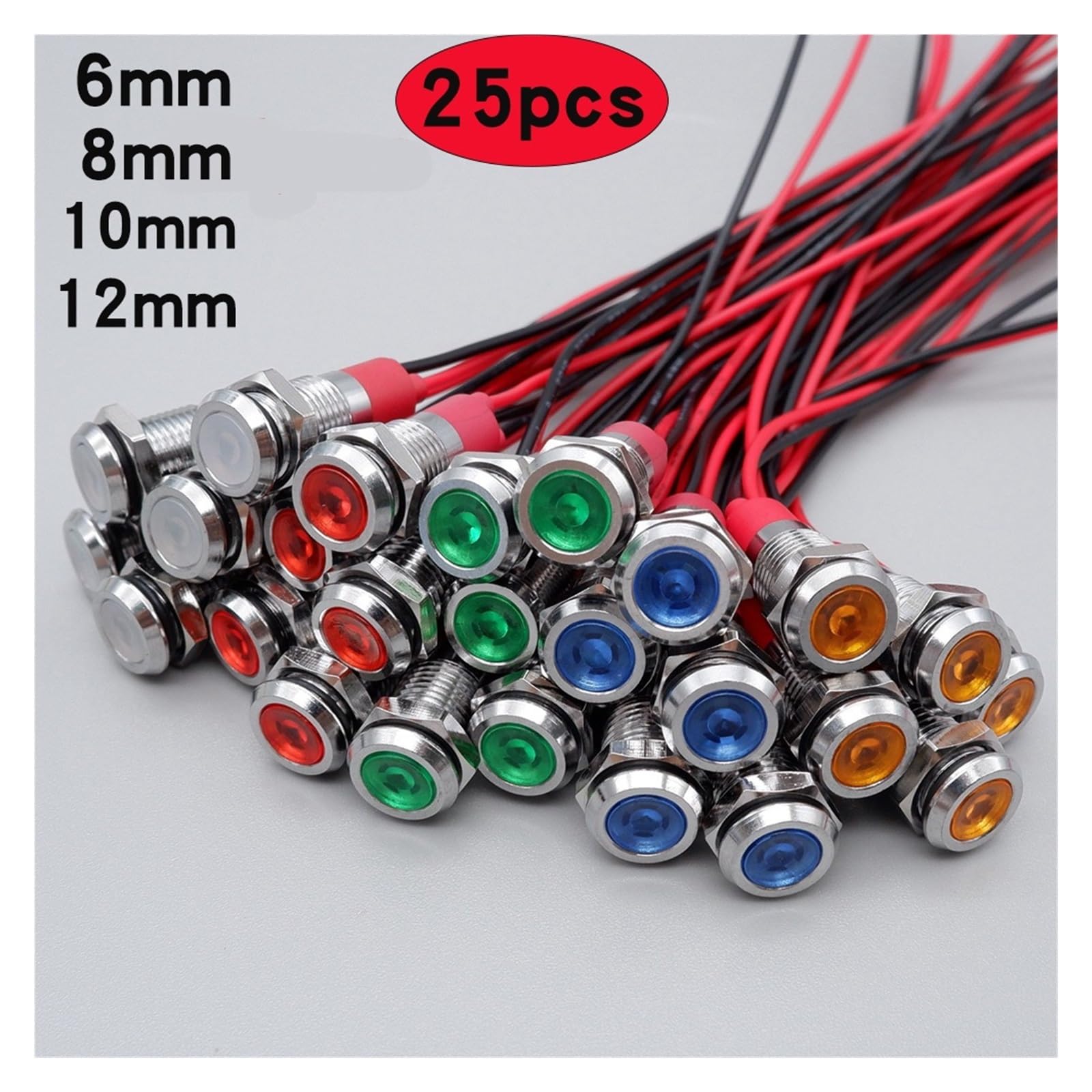 25 szt. 6/8/10/12 mm metalowa lampka ostrzegawcza LED 3 V 5 V 12 V 24 V 110 V 220 V czerwony pomarańczowy zielony niebieski z przewodem (25 szt. zielony, 8 MM_110-220 V)