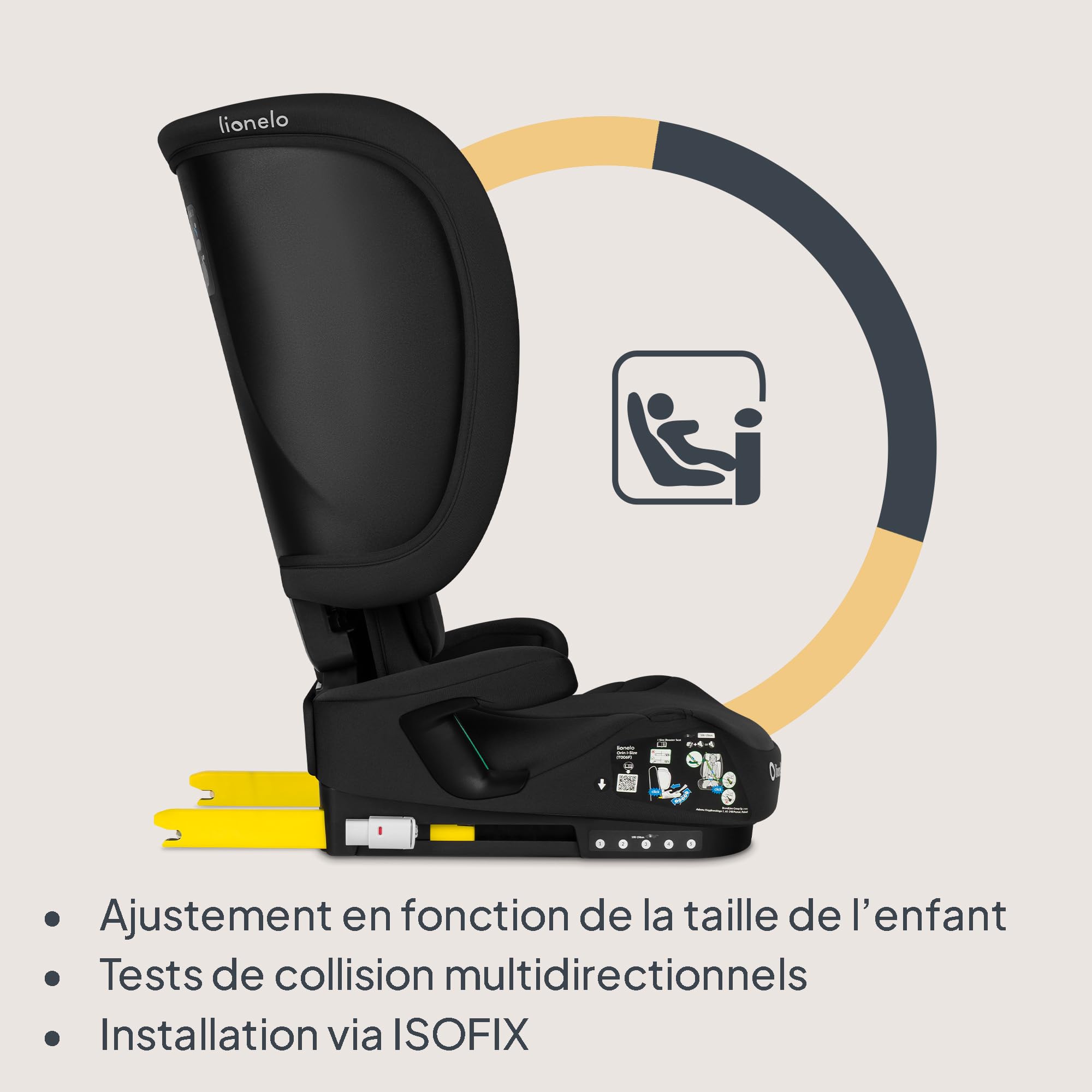 Lionelo Orin i-Size Siège-auto Pliable 100–150 cm, siege auto enfant compact pour 3,5–12 ans, Siège Auto de Voyage avec appui-tête 14 positions, installation ISOFIX ou ceinture (BLACK CARBON)