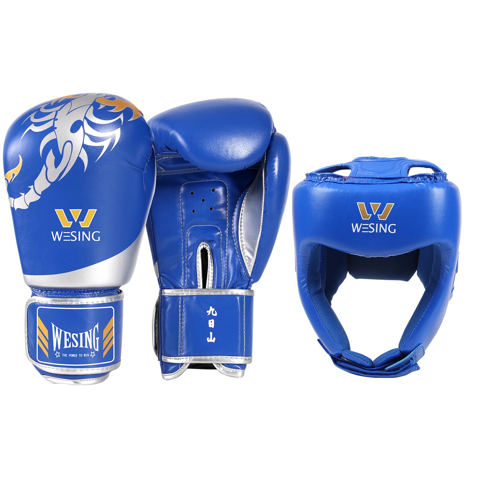 WESING Martial Arts Headgear Gloves Set Boxing Headgear 10oz Boxing Gloves for Men Women Kickboxing Sparring Training (Blue, Small)