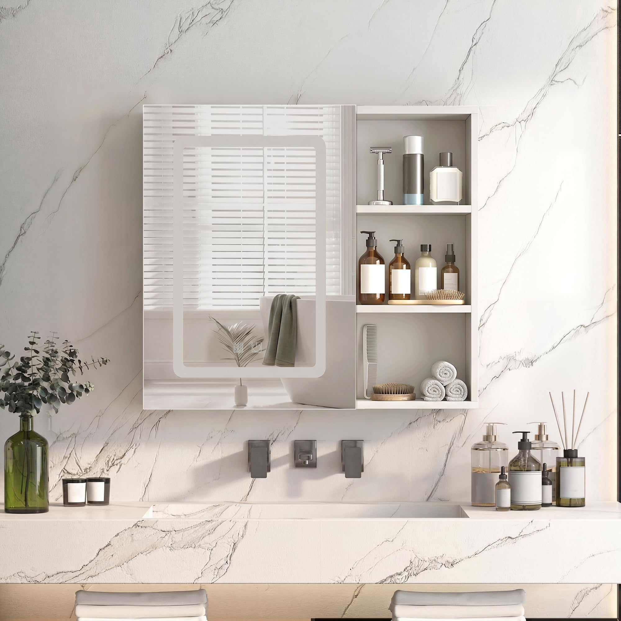 DULRLLY Spiegelschrank Bad mit Beleuchtung 60 cm, Badezimmerschrank mit Spiegel 3 Farbtemperaturen, Entfeuchtungsfunktion,Verstellbare Ablagefächern, Dimmbarer Badezimmer Hängeschrank, 60x60x15 cm