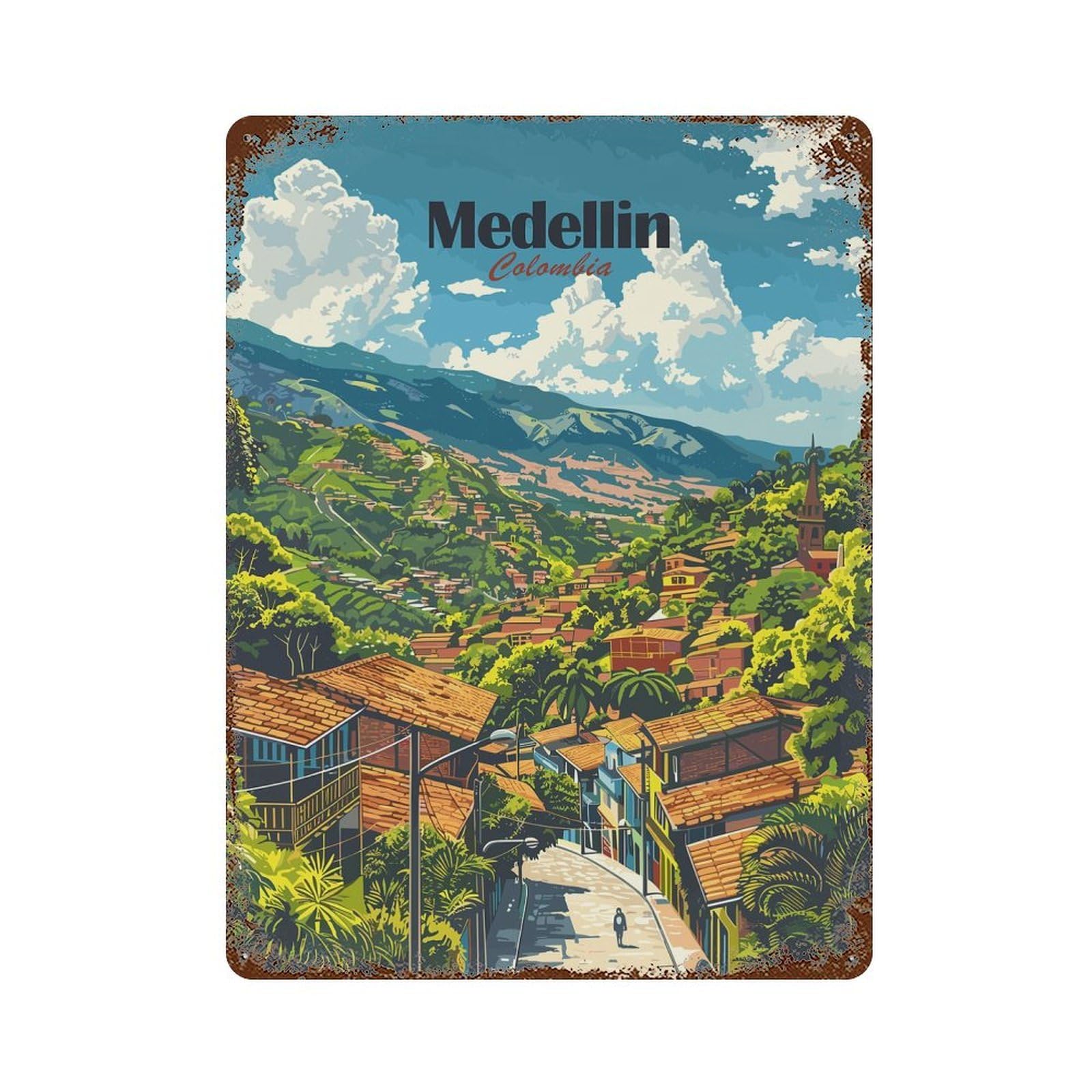 Medellin Colombia Travel Rust Effect Tin Sign 15.7"x11.8", Farmhouse Wall Decor for Farmhouse, Kitchen And Entryway Decor