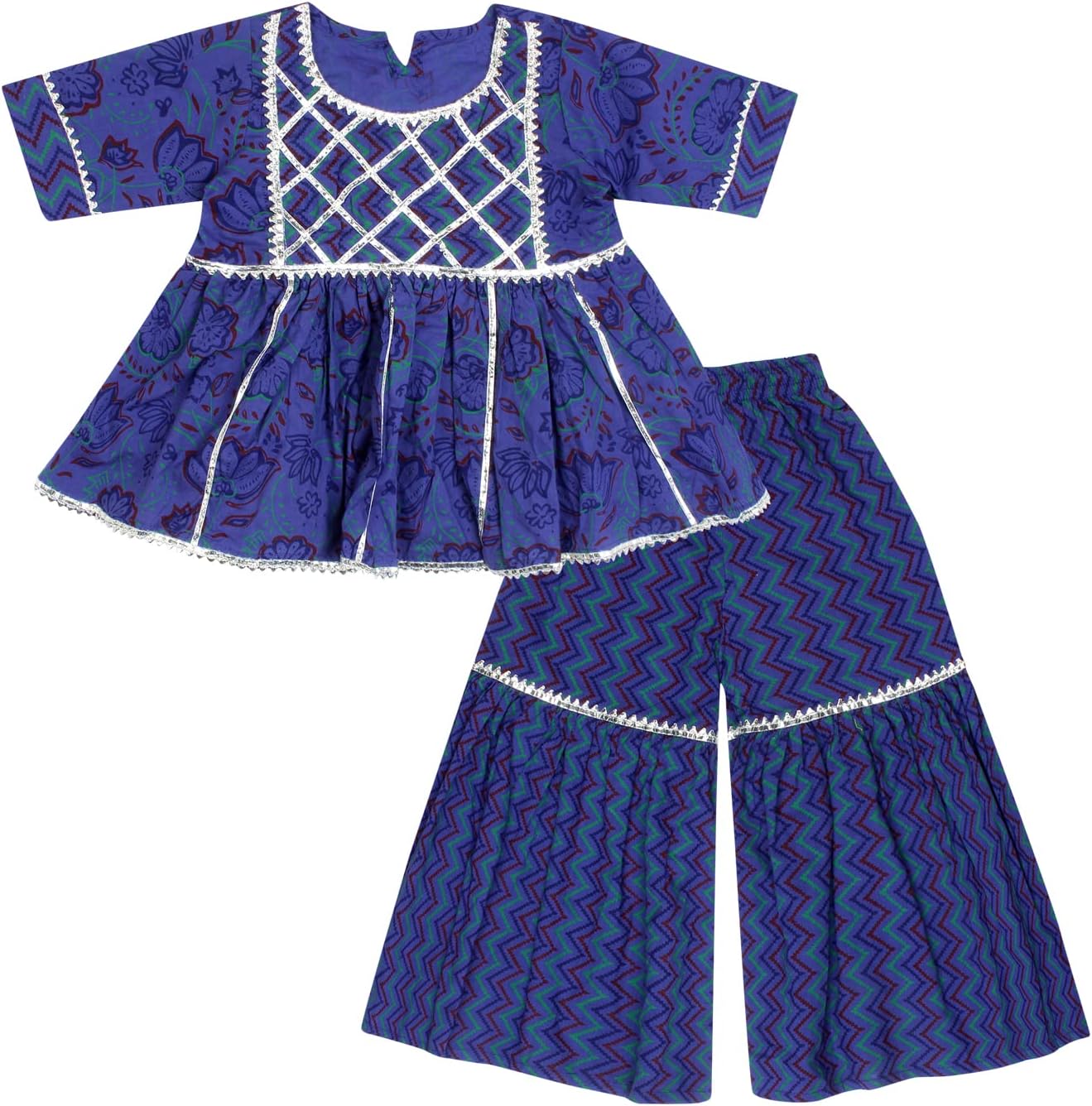 Girls Cotton Floral Printed Gota Patti Work Half Sleeves Kurti and Sharara