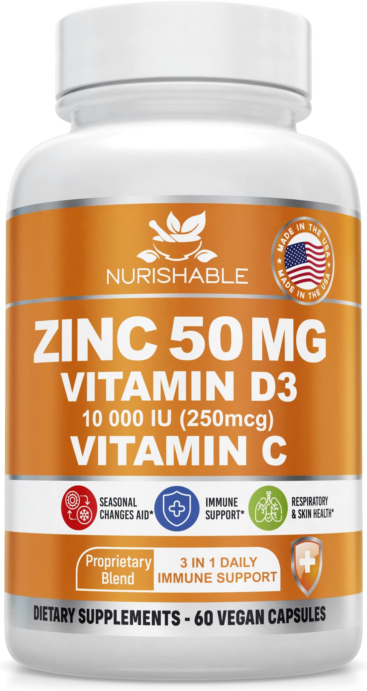 Zinc Supplements - Zinc 50mg with Vitamin D3 10000 IU & Vitamin C 500mg – Potent 3 in 1 Immune Support Supplement for Healthy Bone, Muscle Function & Growth - No Filler & Stearate - Packaging May Vary