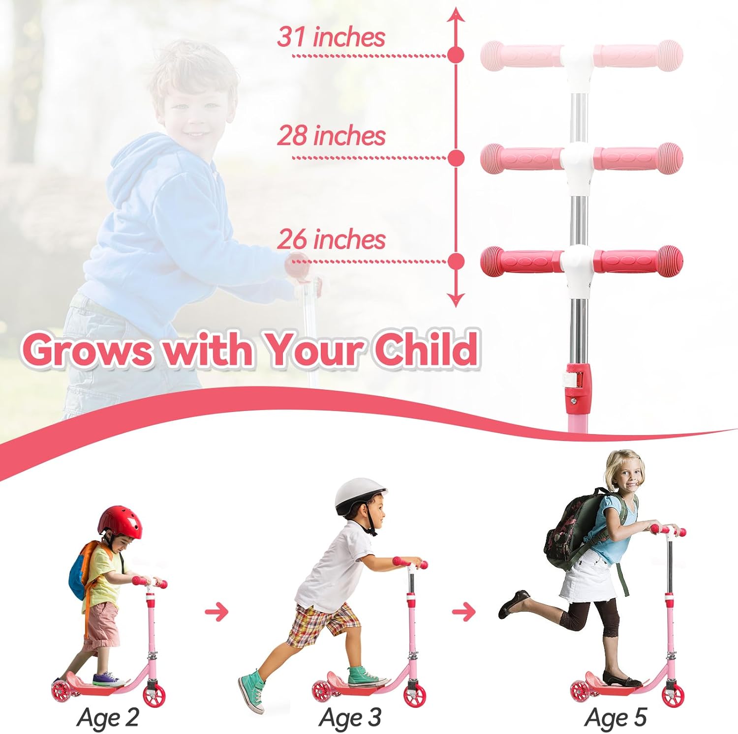 Toddler Scooter, Scooters for Kids Age 3-5, Boy Girl Gift 3-Wheel Kick Scooter with LED Light Up Wheels, Adjustable T-Bar Handle, Cute Deck, Safe Smooth Riding Outdoor, Max 100 lbs, Xmas Box Wrapped
