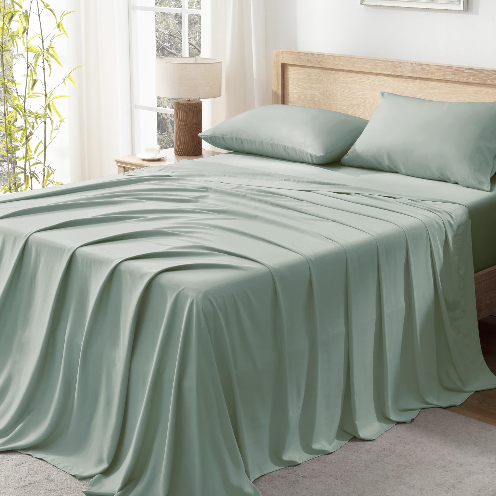 Andency Sage Green Queen Sheets Set 100% Viscose Derived from Bamboo
